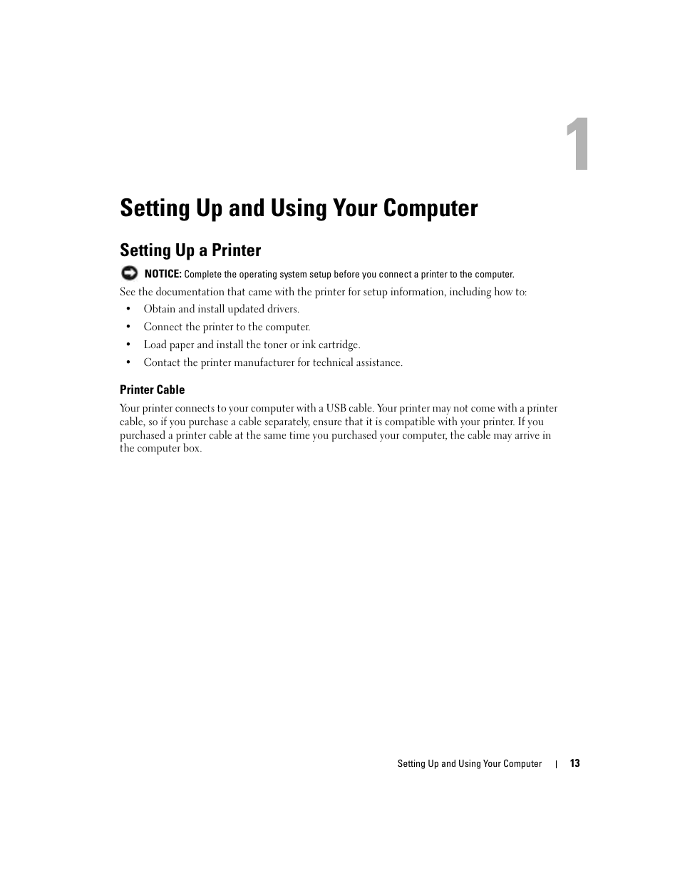 Setting up and using your computer, Setting up a printer, Printer cable | Dell Dimension 5100C User Manual | Page 13 / 128