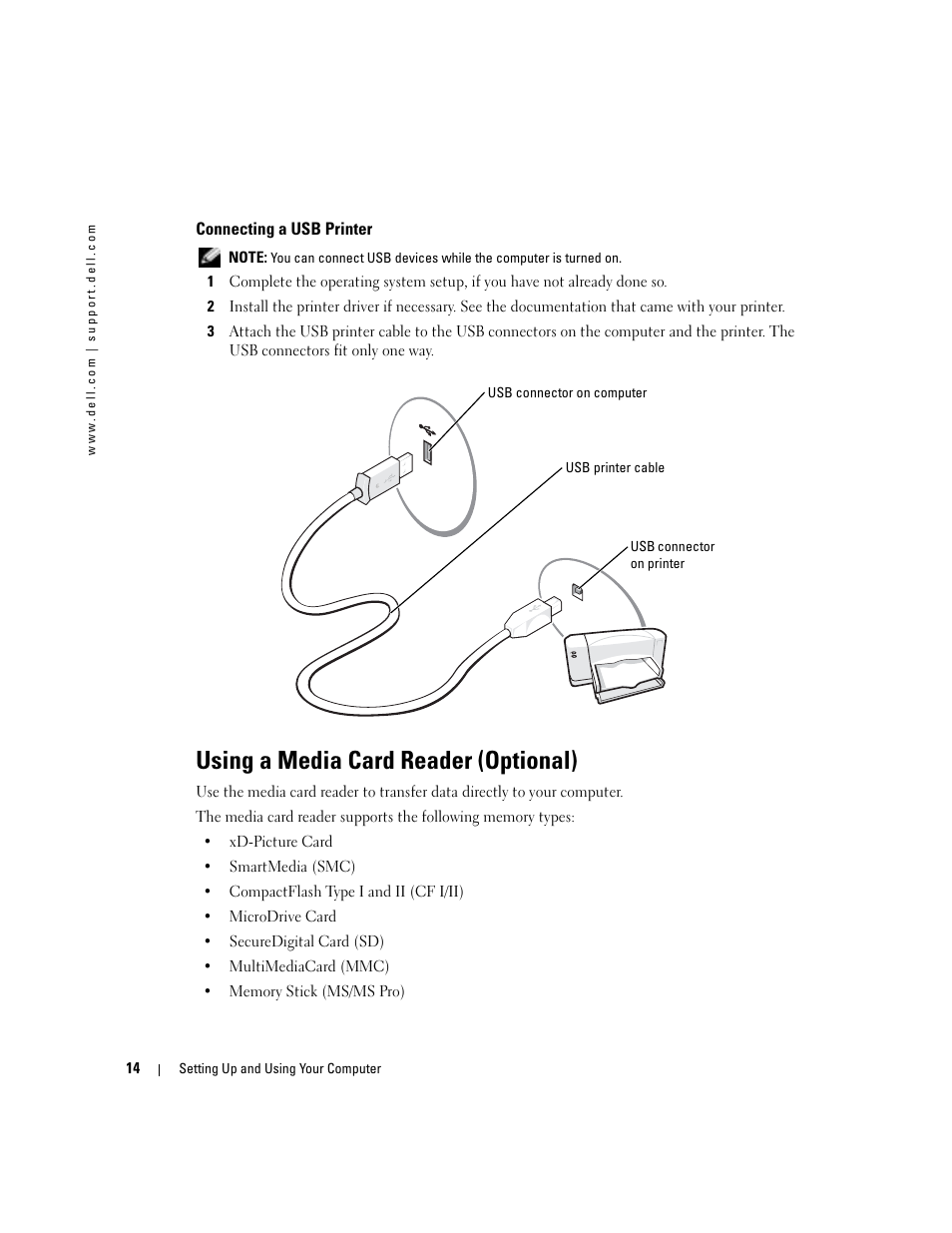 Connecting a usb printer, Using a media card reader (optional) | Dell Dimension 5100C User Manual | Page 14 / 128