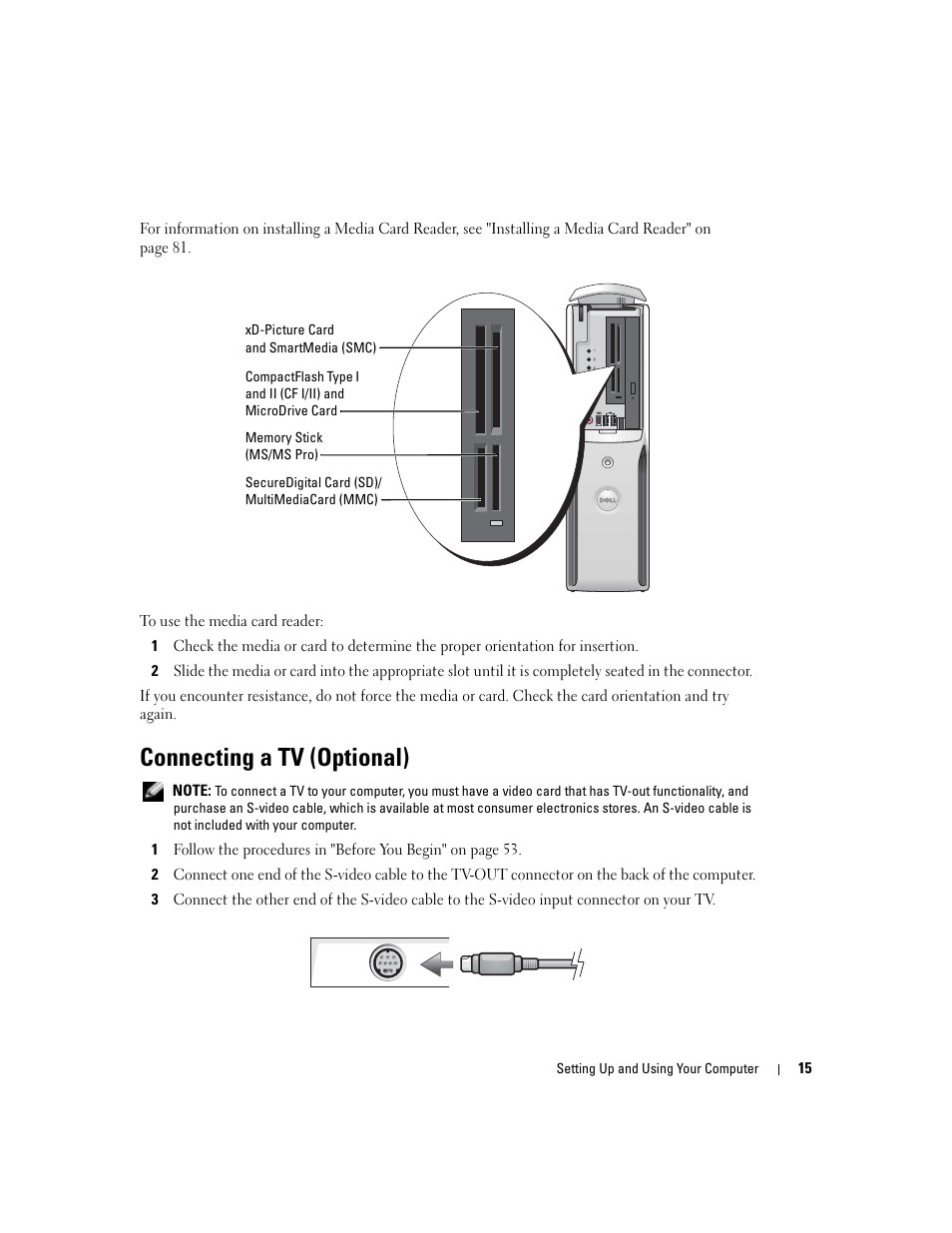 Connecting a tv (optional) | Dell Dimension 5100C User Manual | Page 15 / 128