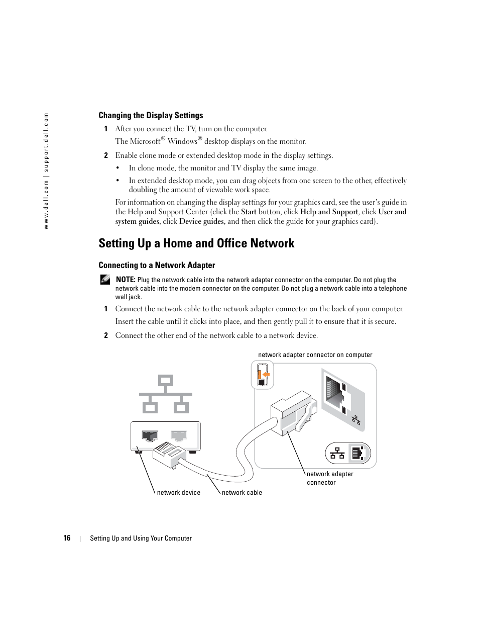 Changing the display settings, Setting up a home and office network, Connecting to a network adapter | Dell Dimension 5100C User Manual | Page 16 / 128