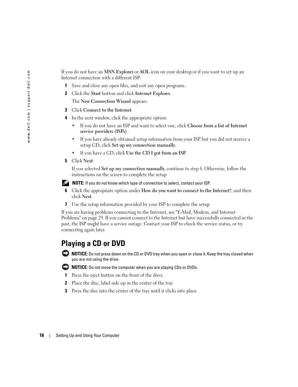 Playing a cd or dvd | Dell Dimension 5100C User Manual | Page 18 / 128