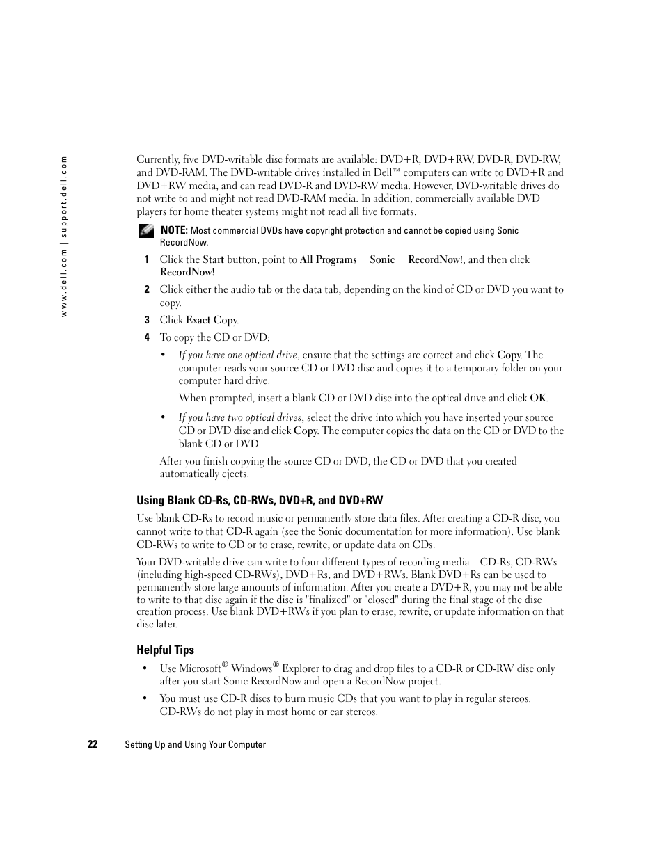 Using blank cd-rs, cd-rws, dvd+r, and dvd+rw, Helpful tips | Dell Dimension 5100C User Manual | Page 22 / 128