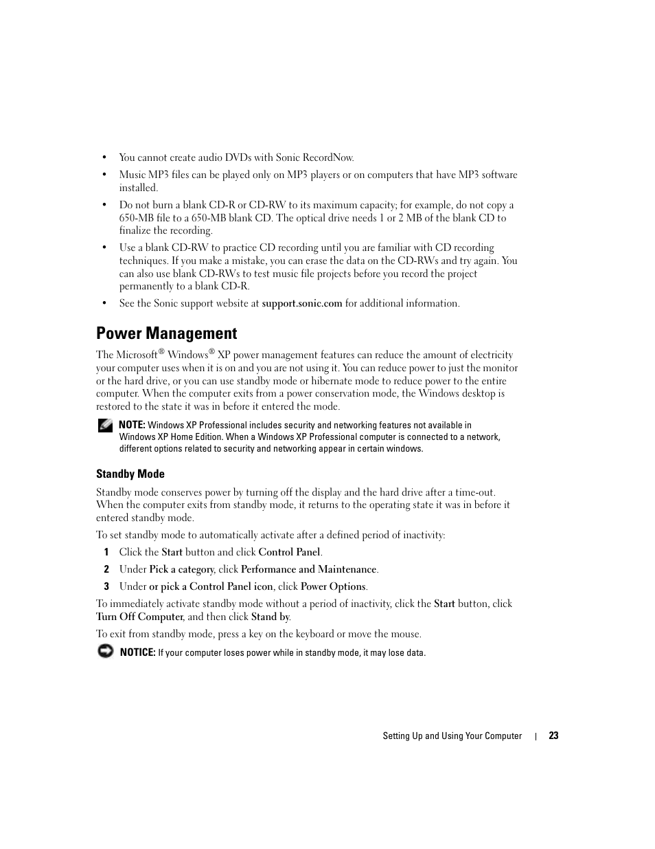 Power management, Standby mode | Dell Dimension 5100C User Manual | Page 23 / 128