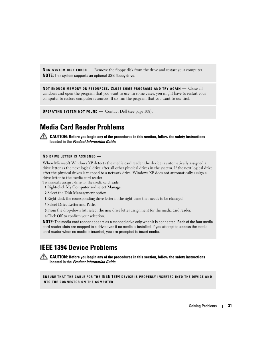 Media card reader problems, Ieee 1394 device problems | Dell Dimension 5100C User Manual | Page 31 / 128