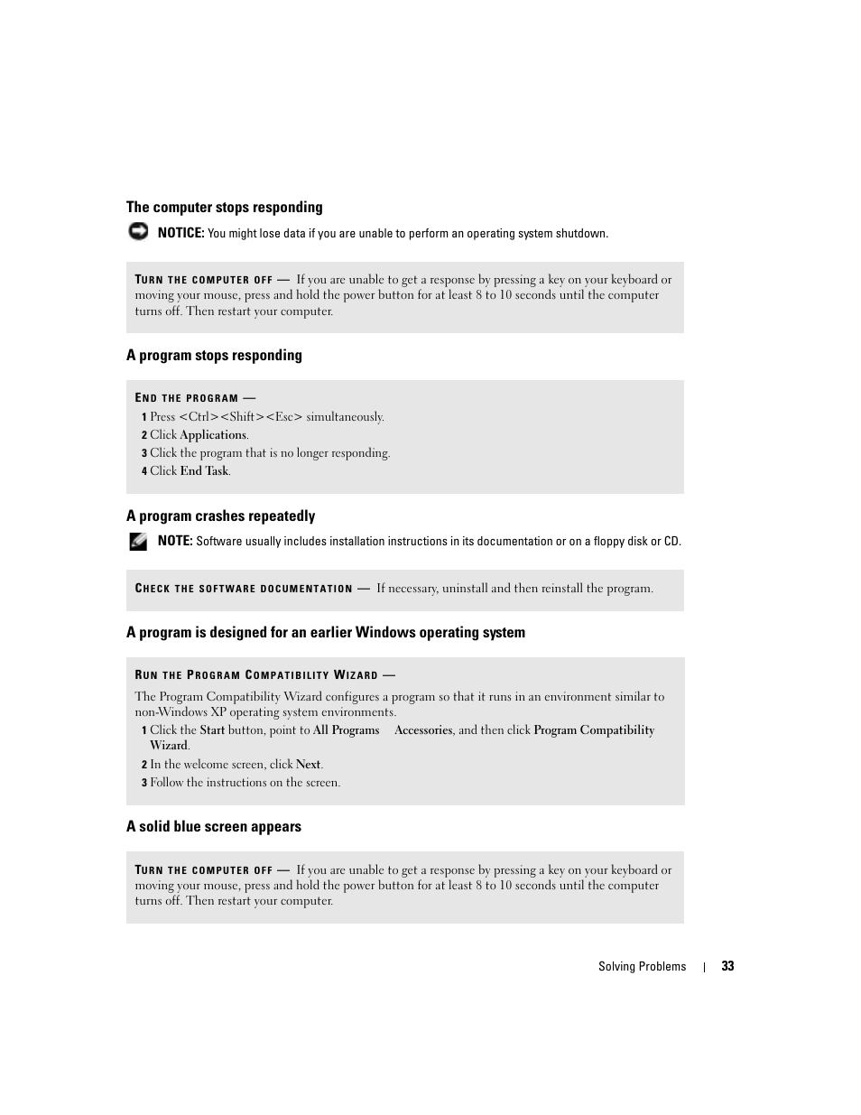 The computer stops responding, A program stops responding, A program crashes repeatedly | A solid blue screen appears | Dell Dimension 5100C User Manual | Page 33 / 128