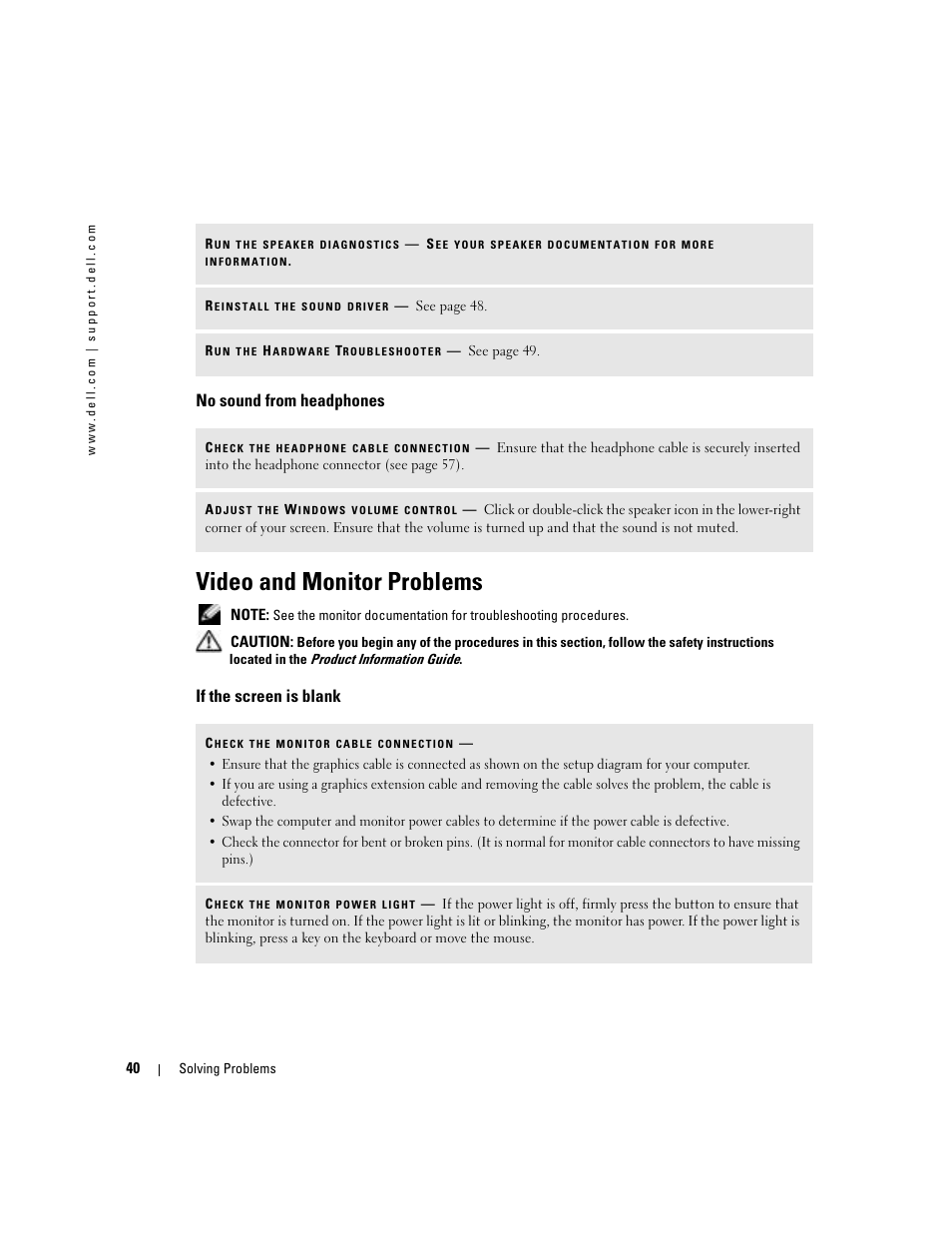 No sound from headphones, Video and monitor problems, If the screen is blank | Dell Dimension 5100C User Manual | Page 40 / 128
