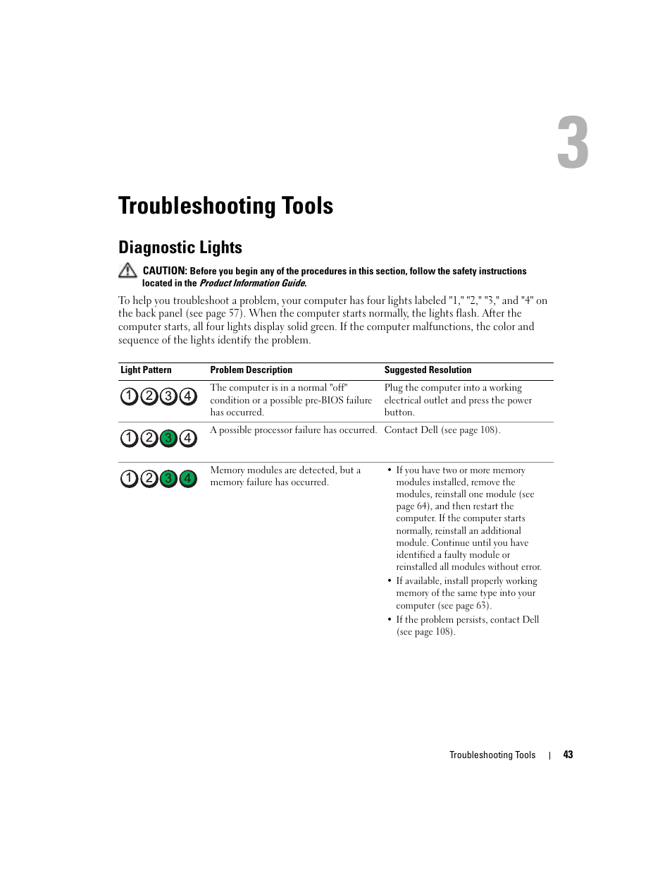 Troubleshooting tools, Diagnostic lights, See "diagnostic lights | Dell Dimension 5100C User Manual | Page 43 / 128