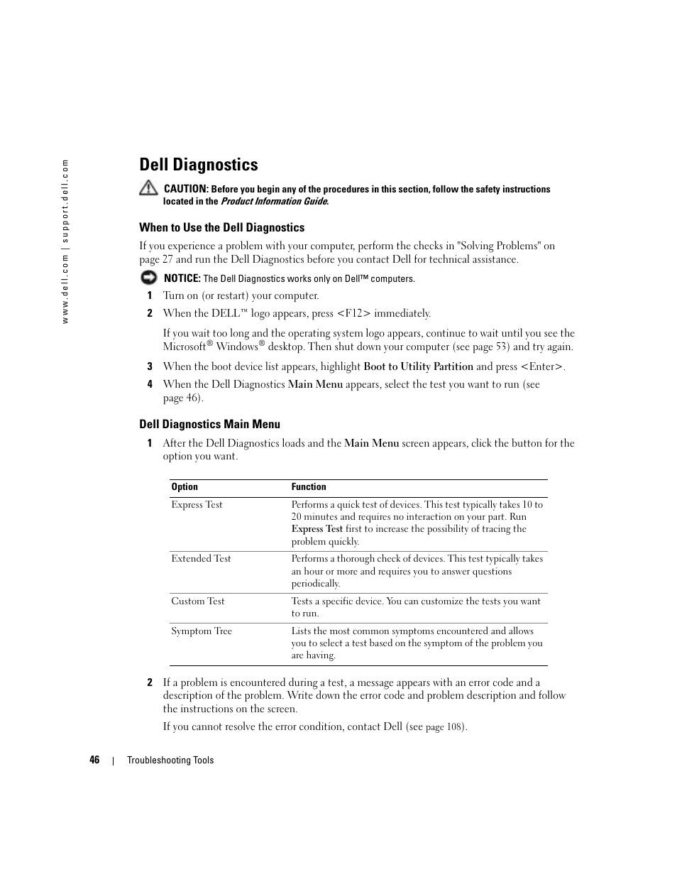 Dell diagnostics, When to use the dell diagnostics, Dell diagnostics main menu | Dell Dimension 5100C User Manual | Page 46 / 128