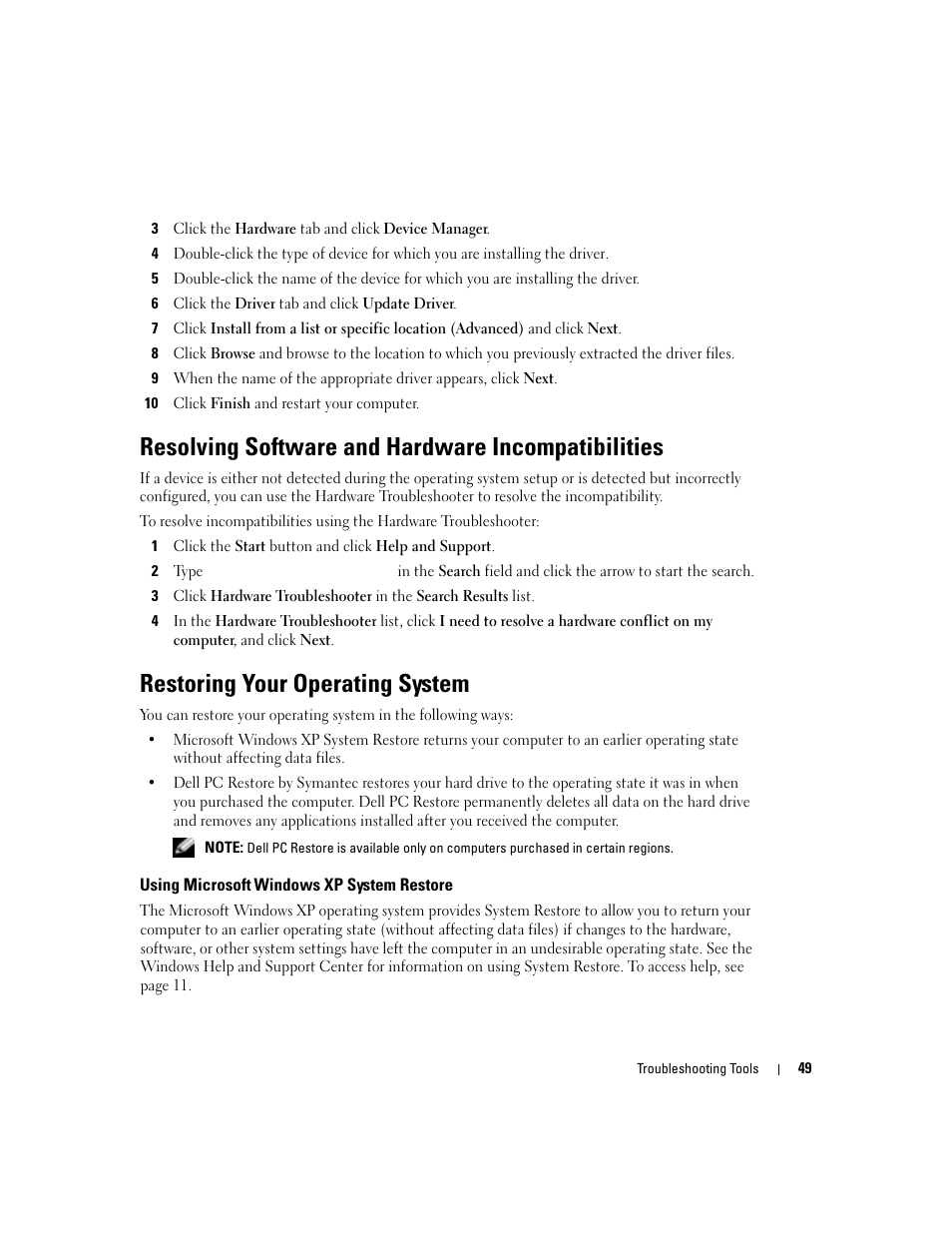 Resolving software and hardware incompatibilities, Restoring your operating system, Using microsoft windows xp system restore | Using microsoft | Dell Dimension 5100C User Manual | Page 49 / 128