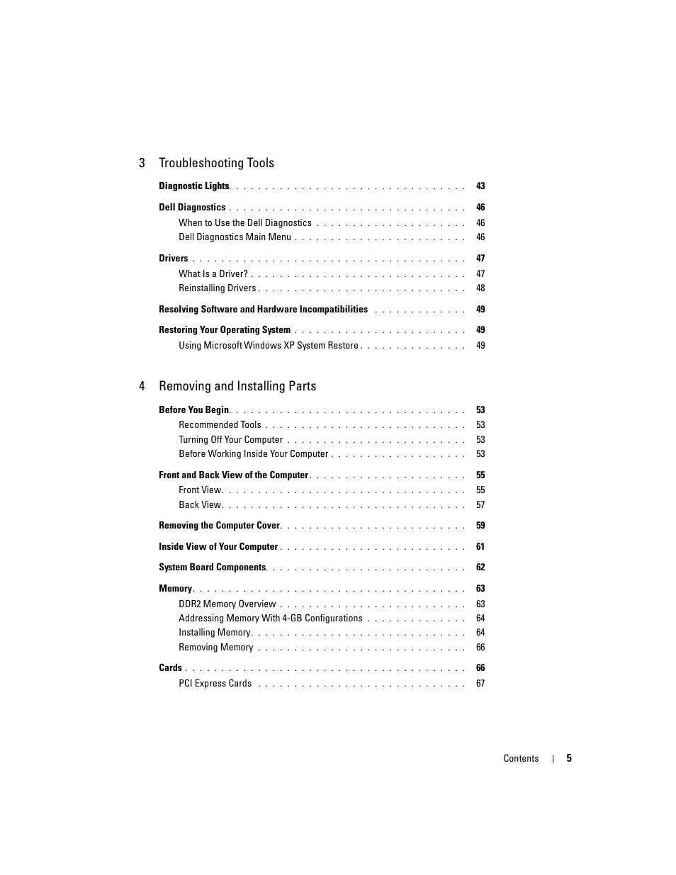 3troubleshooting tools, 4removing and installing parts | Dell Dimension 5100C User Manual | Page 5 / 128