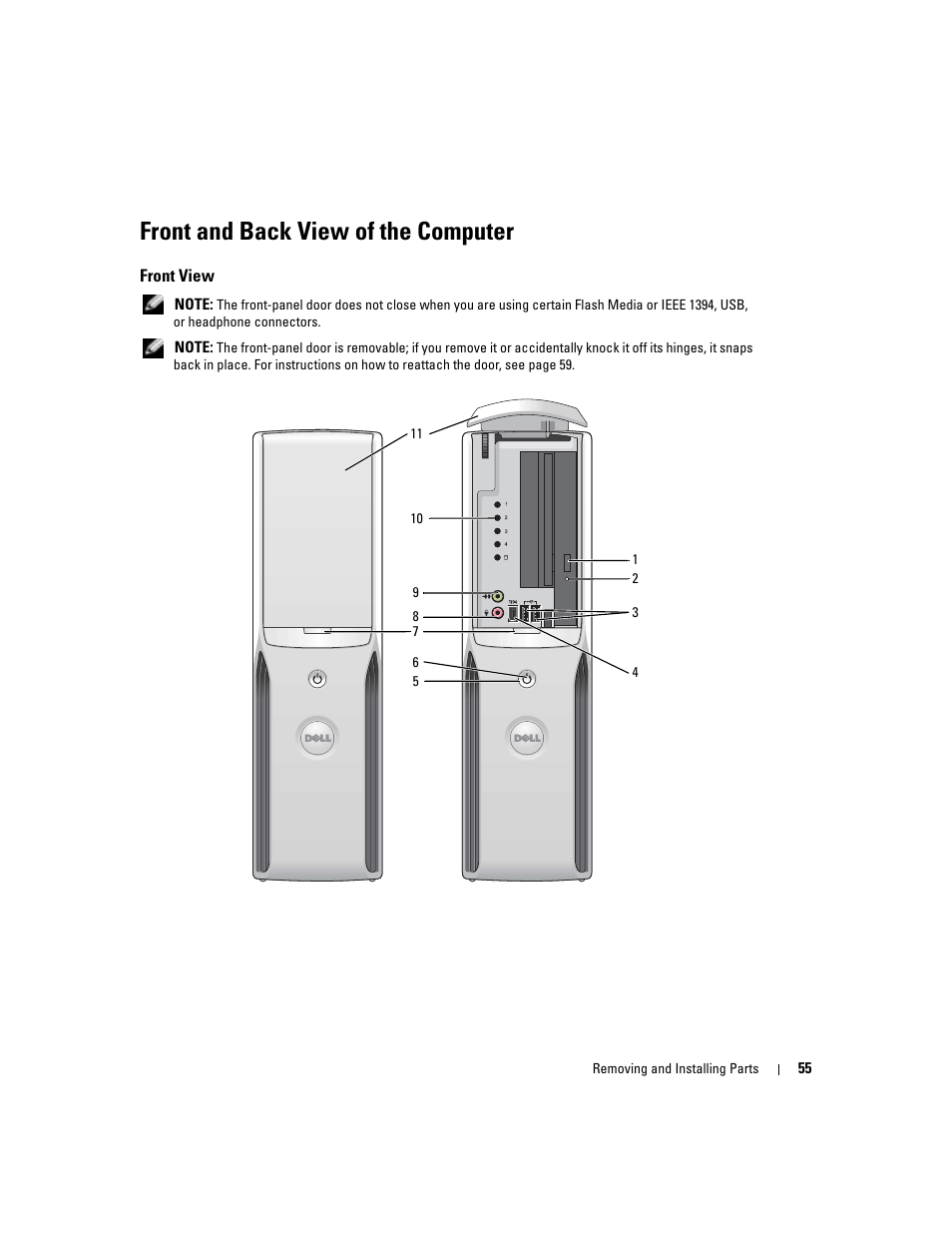 Front and back view of the computer, Front view | Dell Dimension 5100C User Manual | Page 55 / 128