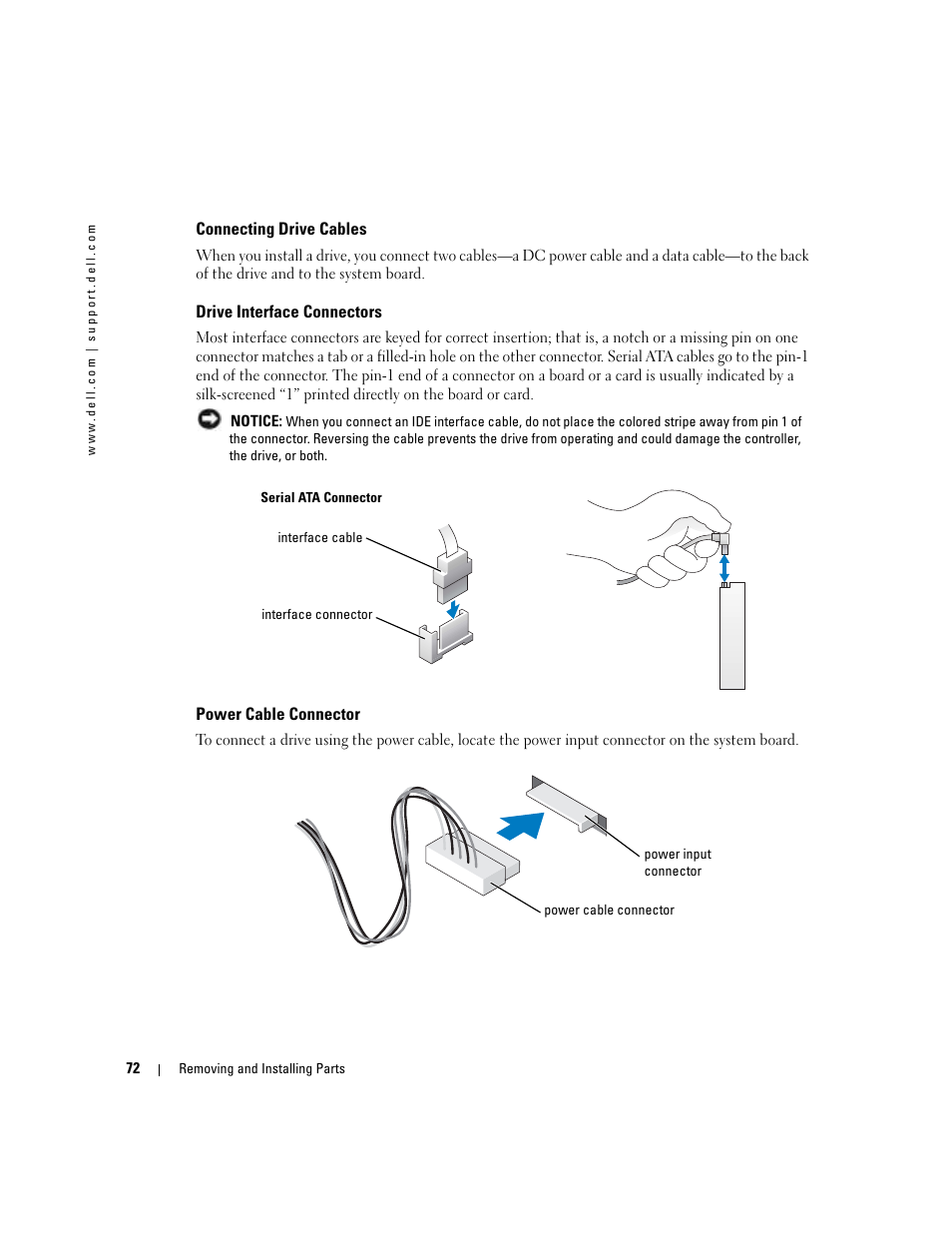 Connecting drive cables, Drive interface connectors, Power cable connector | Dell Dimension 5100C User Manual | Page 72 / 128