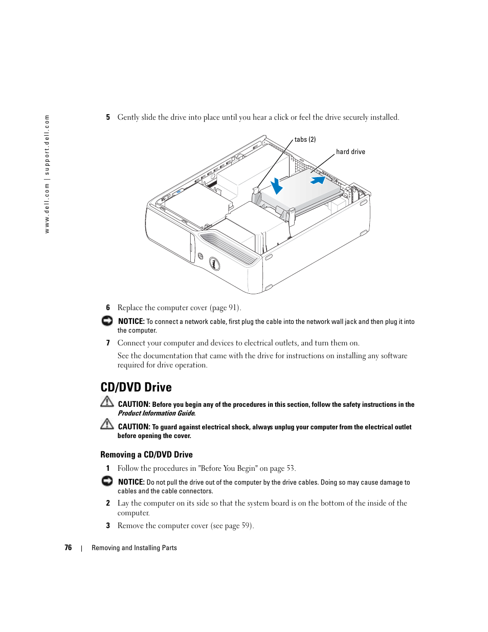 Cd/dvd drive, Removing a cd/dvd drive | Dell Dimension 5100C User Manual | Page 76 / 128
