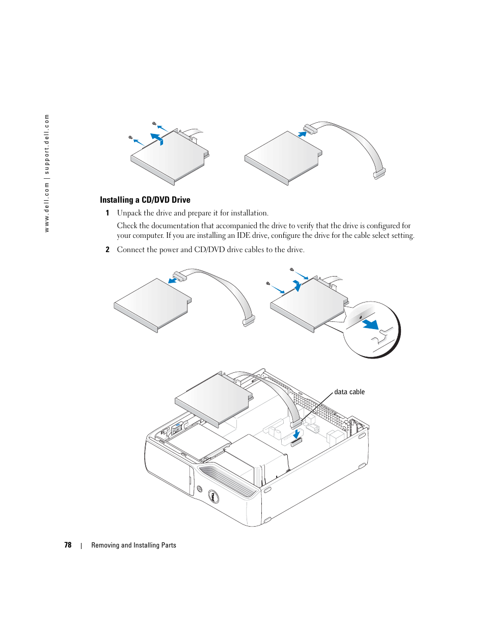 Installing a cd/dvd drive | Dell Dimension 5100C User Manual | Page 78 / 128