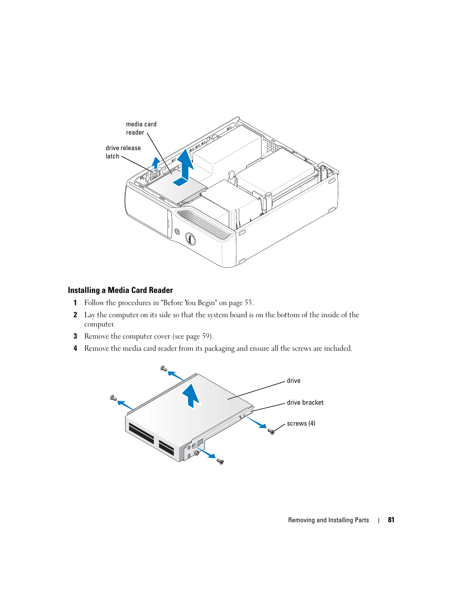 Installing a media card reader | Dell Dimension 5100C User Manual | Page 81 / 128
