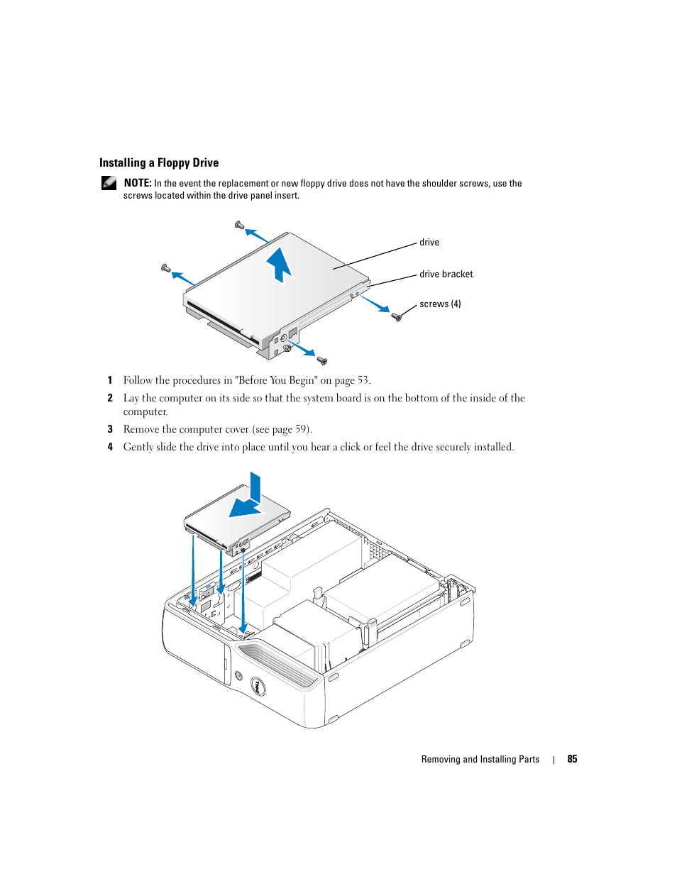 Installing a floppy drive | Dell Dimension 5100C User Manual | Page 85 / 128