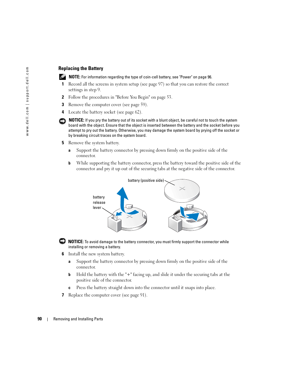 Replacing the battery | Dell Dimension 5100C User Manual | Page 90 / 128