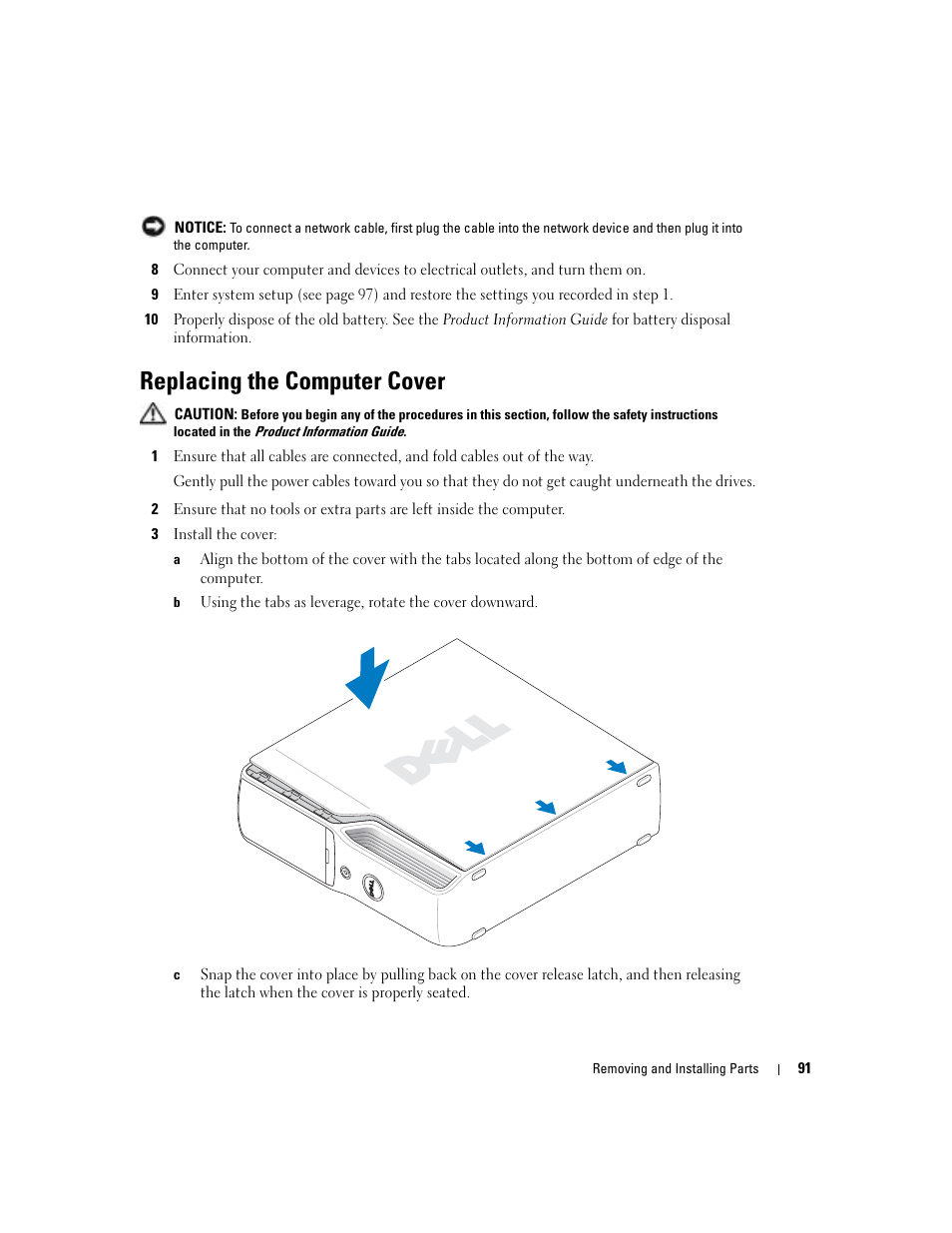 Replacing the computer cover, Settings in step 9 | Dell Dimension 5100C User Manual | Page 91 / 128