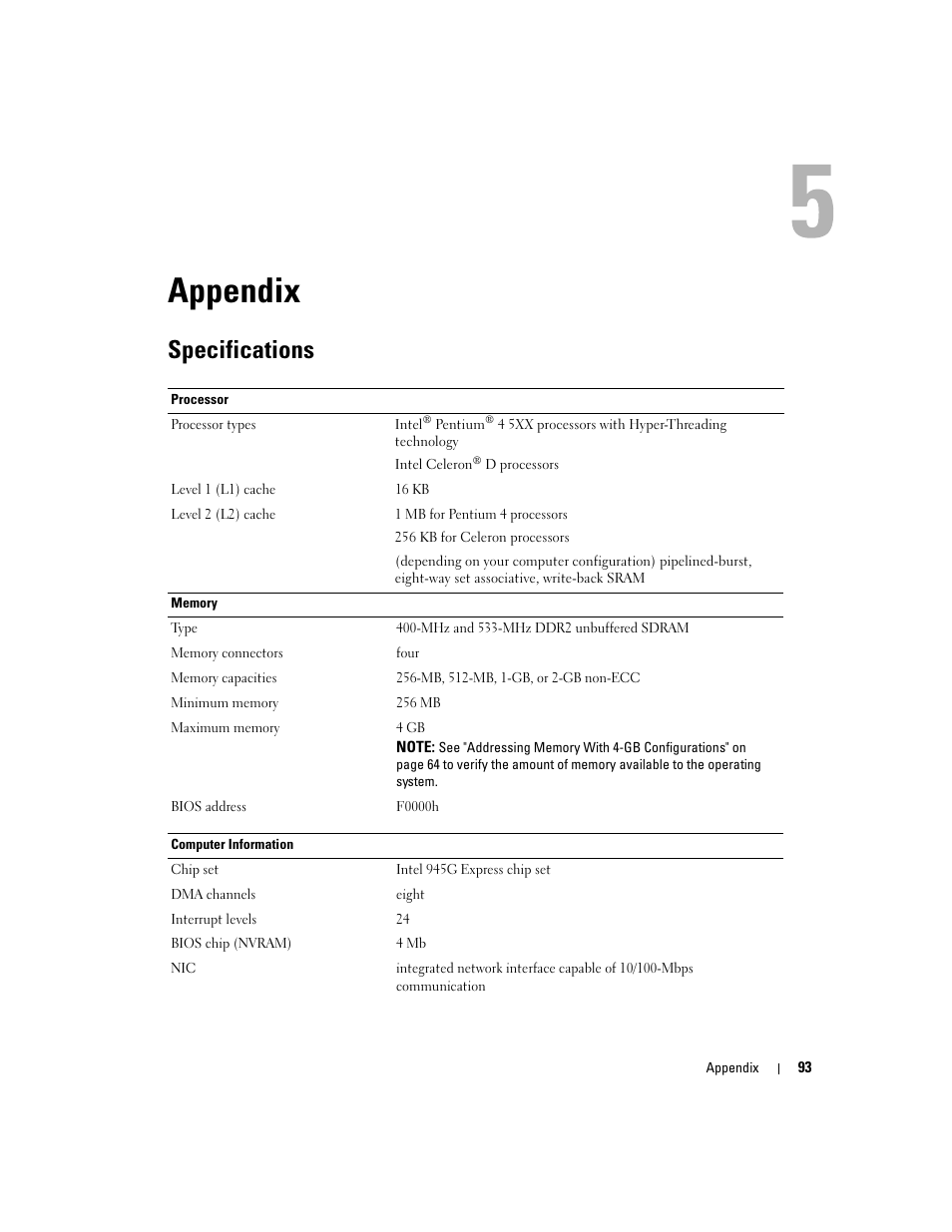 Appendix, Specifications | Dell Dimension 5100C User Manual | Page 93 / 128