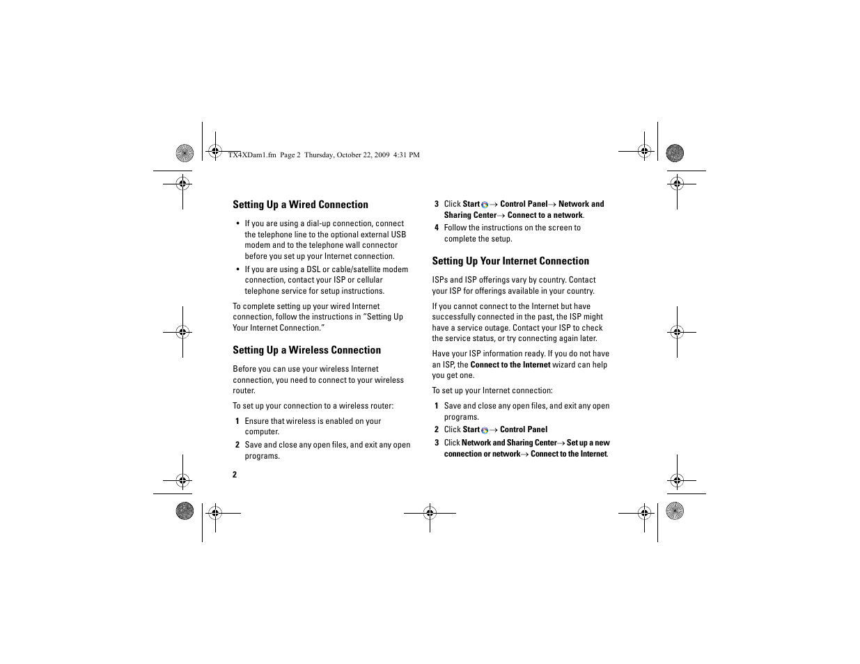 Setting up a wired connection, Setting up a wireless connection, 1 ensure that wireless is enabled on your computer | Setting up your internet connection, 2 click startæ control panel | Dell Inspiron 537 (Mid 2009) User Manual | Page 2 / 4