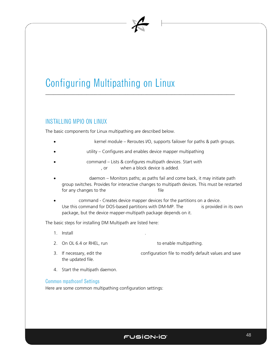 Configuring multipathing on linux, Installing mpio on linux, Common mpathconf settings | Installing mpio on linux common mpathconf settings | Dell Acceleration Appliances for Databases User Manual | Page 55 / 89