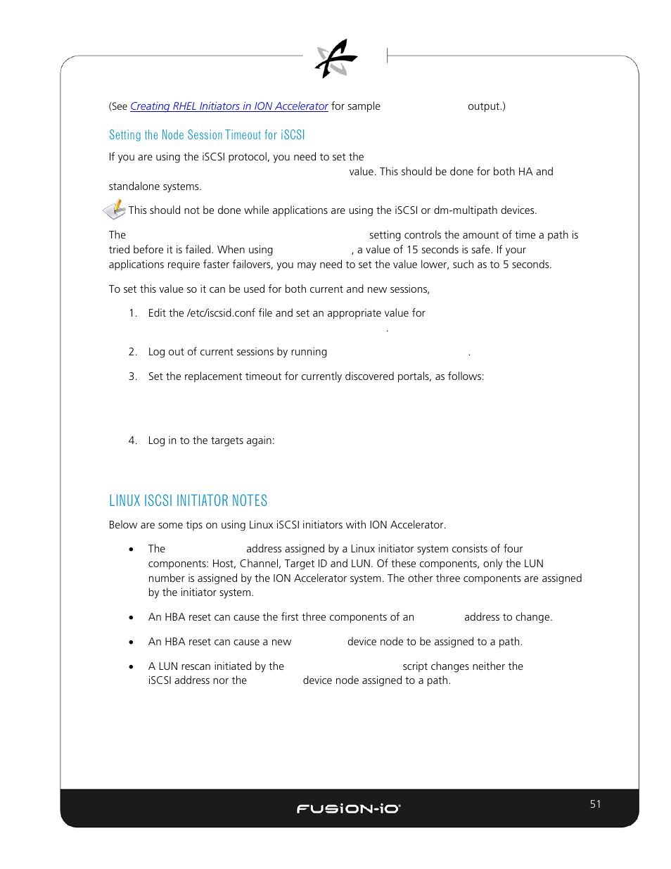 Setting the node session timeout for iscsi, Linux iscsi initiator notes | Dell Acceleration Appliances for Databases User Manual | Page 58 / 89