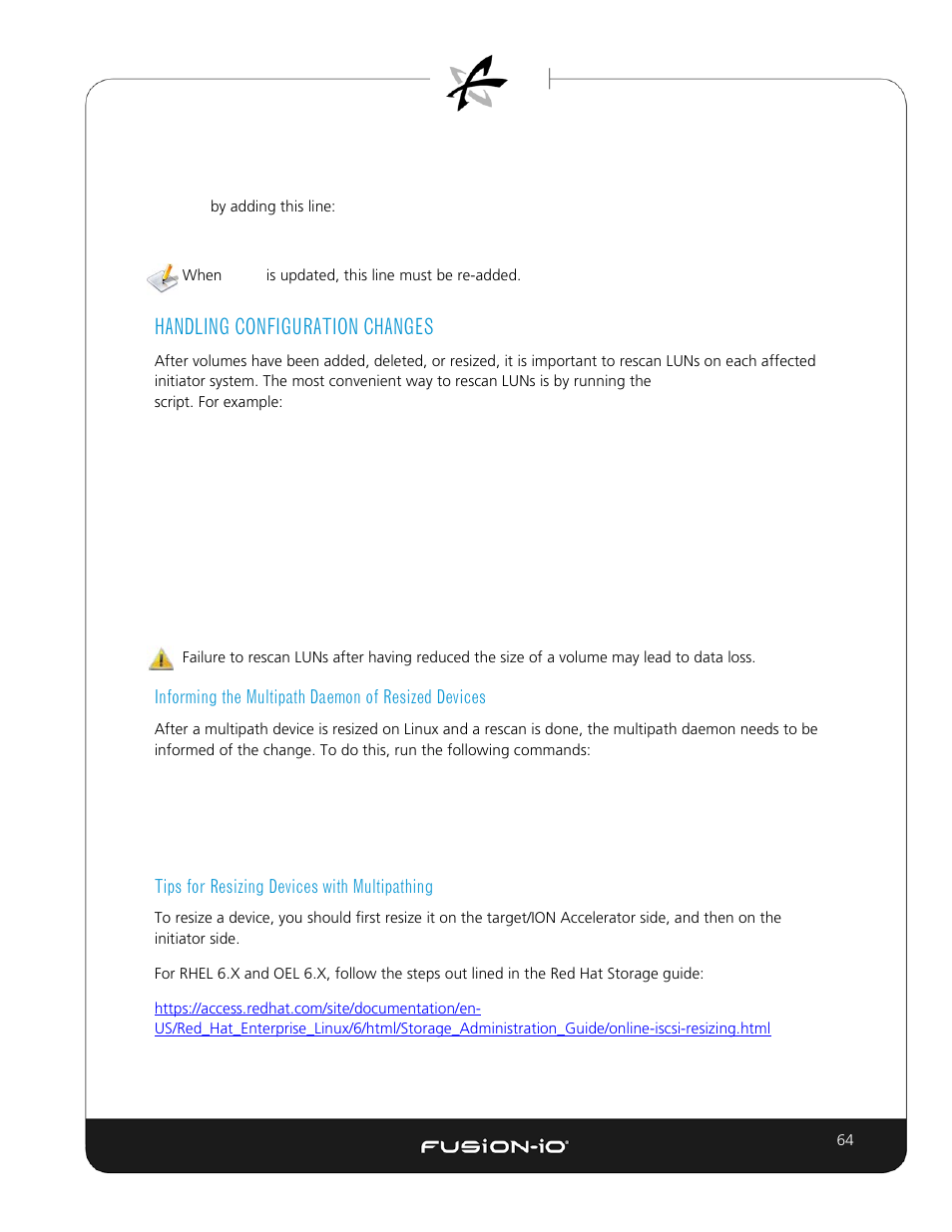 Handling configuration changes, Informing the multipath daemon of resized devices, Tips for resizing devices with multipathing | Dell Acceleration Appliances for Databases User Manual | Page 71 / 89
