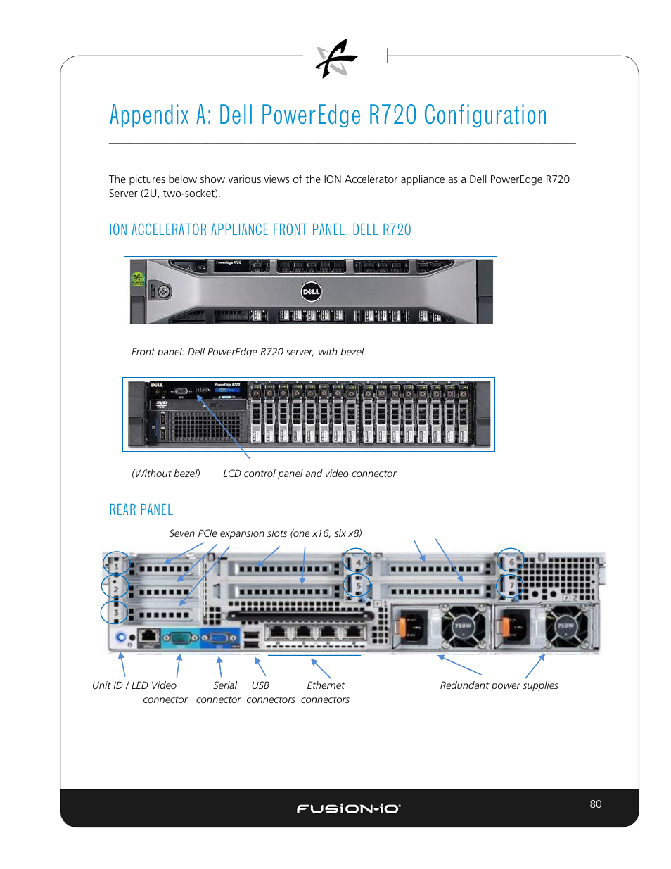 Appendix a: dell poweredge r720 configuration, Ion accelerator appliance front panel, dell r720, Rear panel | Split-function ports for iscsi, Dell r720, Split-function ports for iscsi – dell r720 | Dell Acceleration Appliances for Databases User Manual | Page 87 / 89