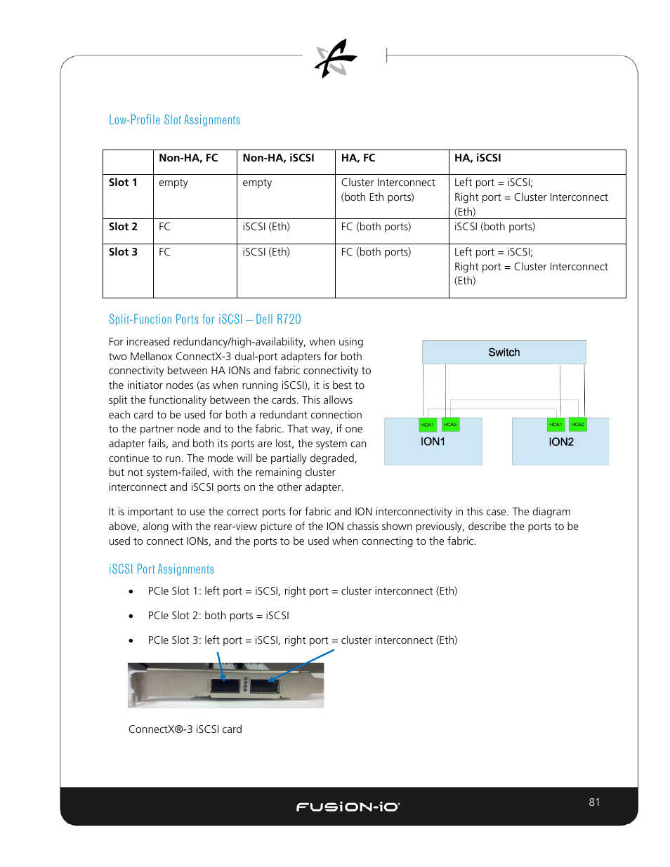 Low-profile slot assignments, Split-function ports for iscsi – dell r720, Iscsi port assignments | Connectx®-3 iscsi card | Dell Acceleration Appliances for Databases User Manual | Page 88 / 89