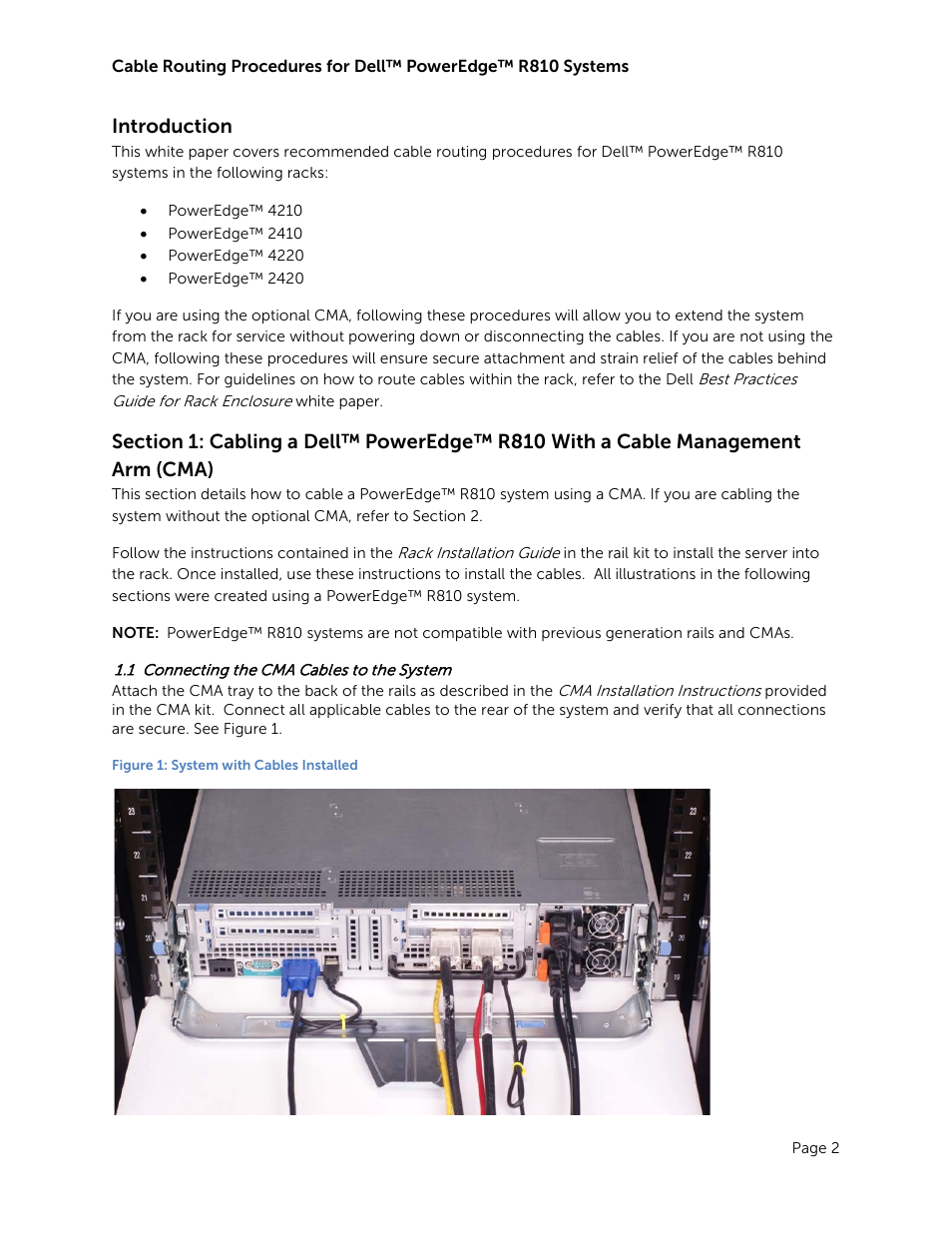 Introduction, 1 connecting the cma cables to the system, Connecting the cma cables to the system | Figure 1: system with cables installed | Dell PowerEdge Rack Enclosure 4220 User Manual | Page 4 / 9