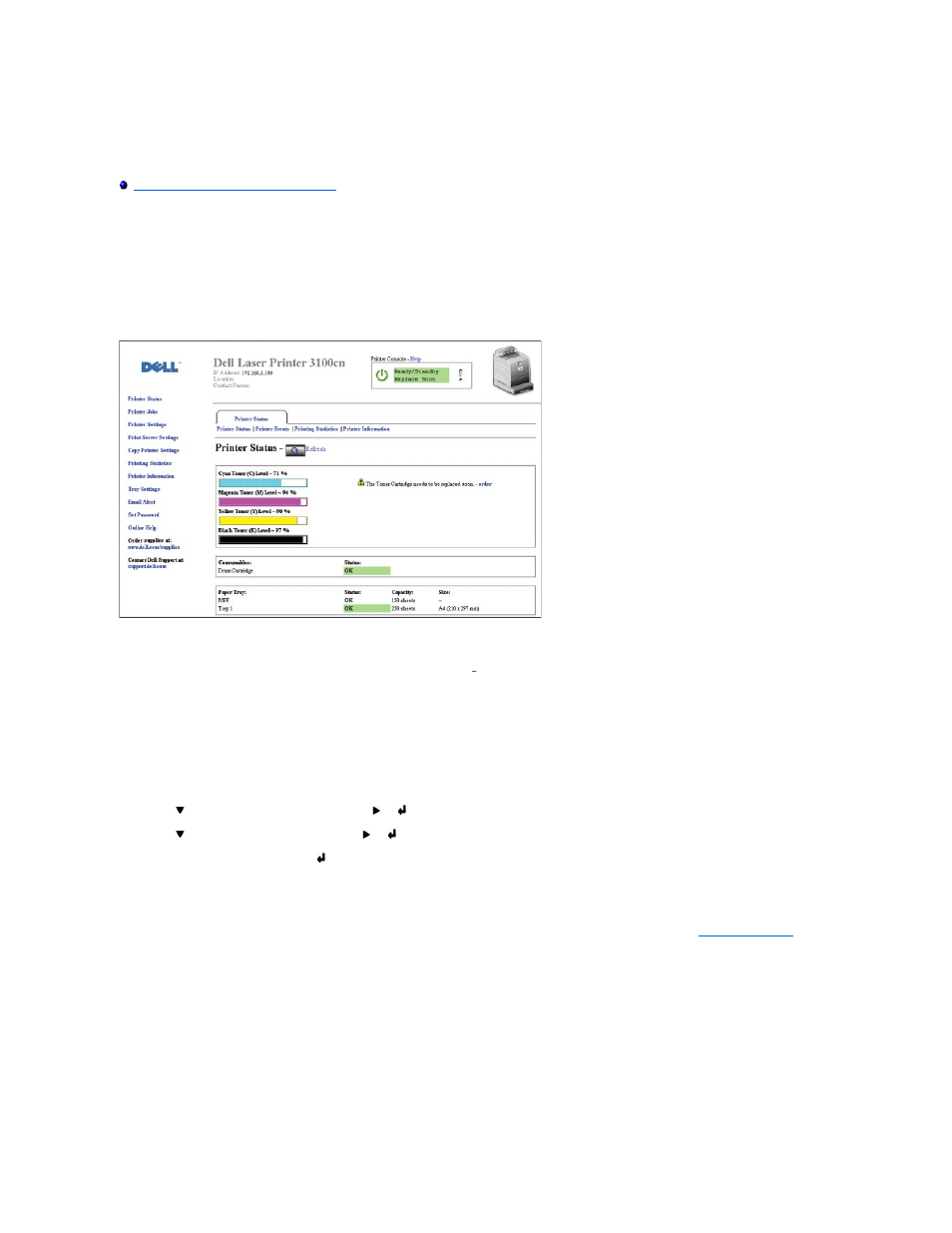 Dell printer configuration web tool, Printer status, Printer jobs | Dell 3100cn Color Laser Printer User Manual | Page 162 / 219