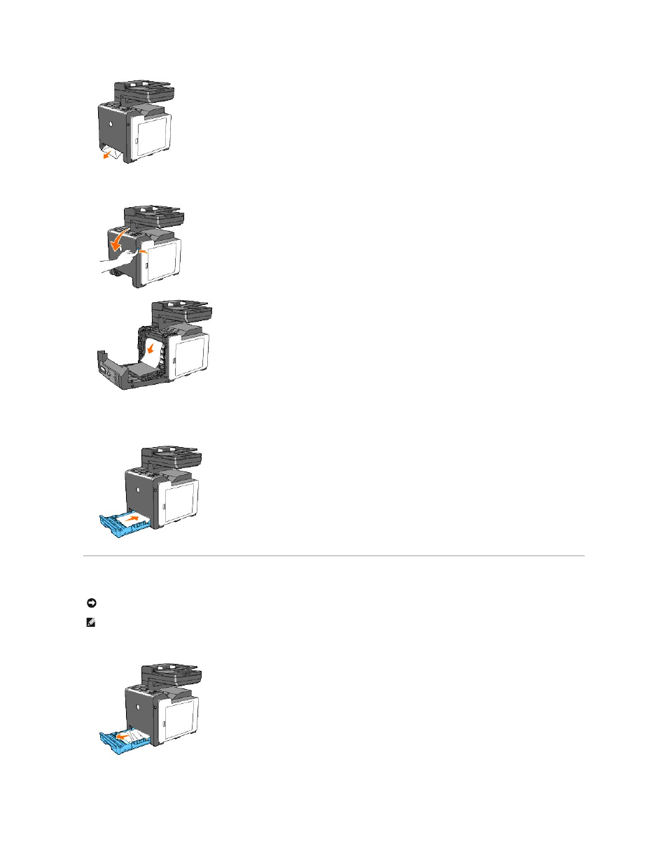 Clearing paper jams from the tray 1 | Dell 2135cn Color Laser Printer User Manual | Page 136 / 260