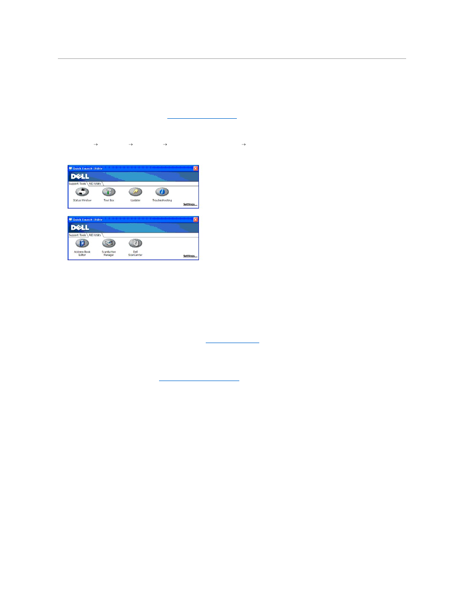 Printer settings utility, Status window, Tool box | Updater, Troubleshooting, Address book editor | Dell 2135cn Color Laser Printer User Manual | Page 73 / 260