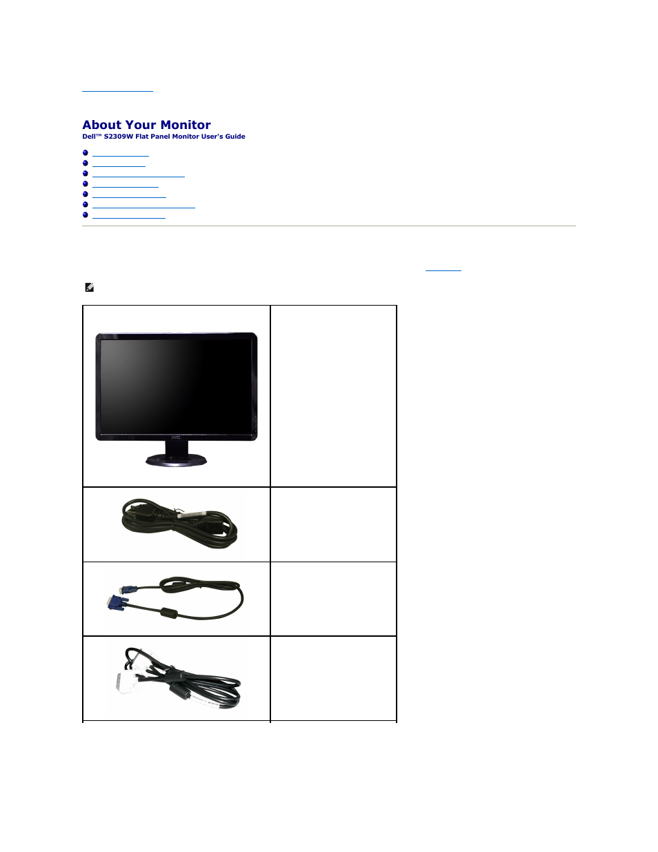 About your monitor, Package contents | Dell S2309WFP Monitor User Manual | Page 2 / 30