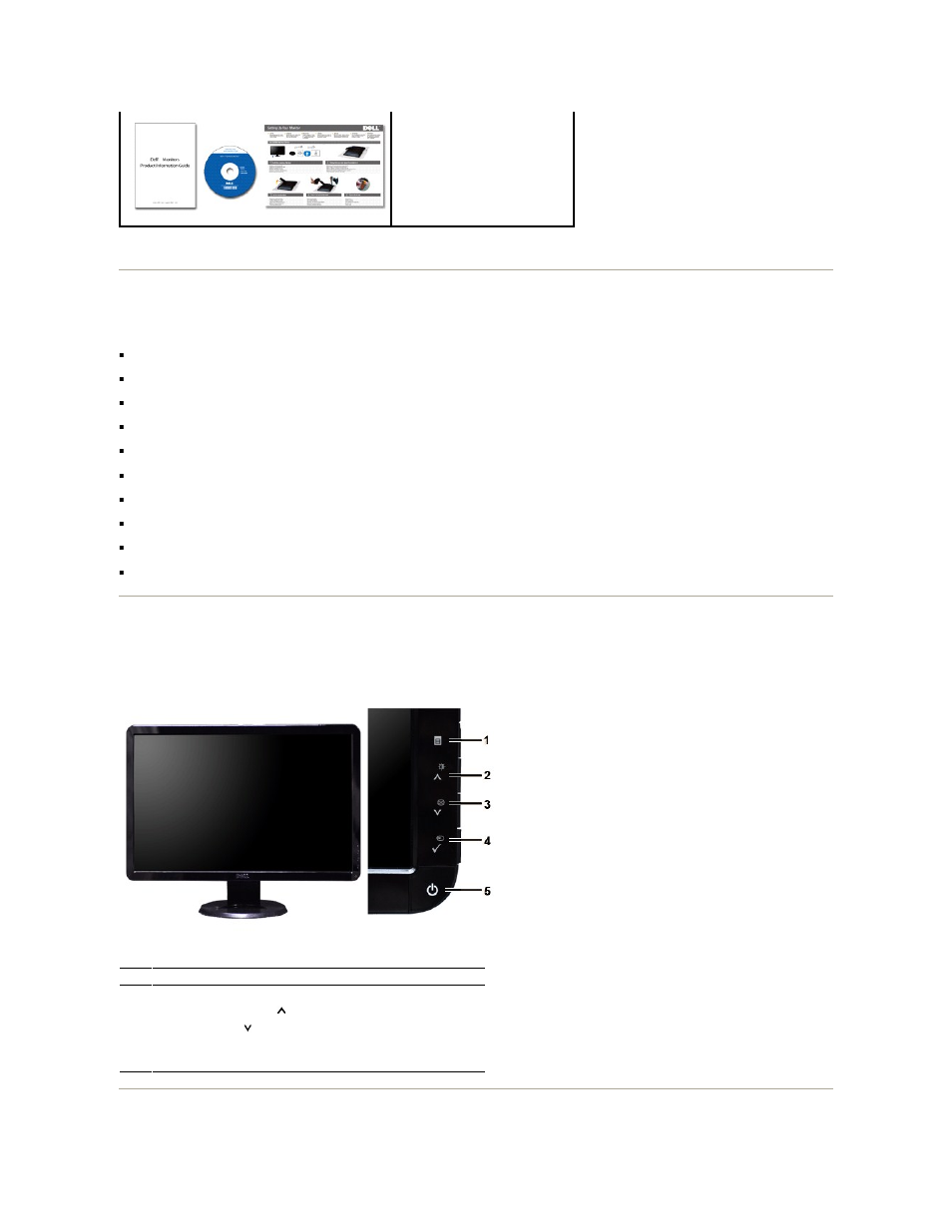 Product features, Identifying parts and controls, Identifying parts and features front view | Dell S2309WFP Monitor User Manual | Page 3 / 30