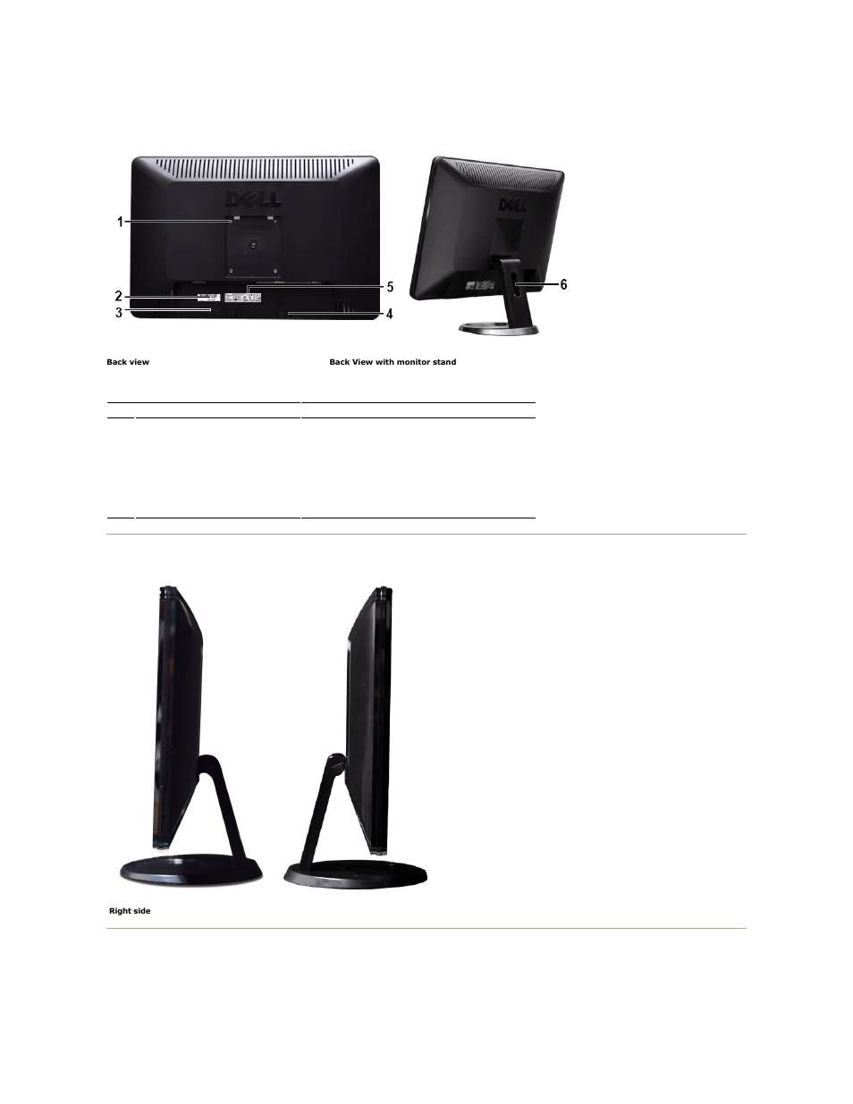 Back view, Side view, Bottom view | Dell S2309WFP Monitor User Manual | Page 4 / 30