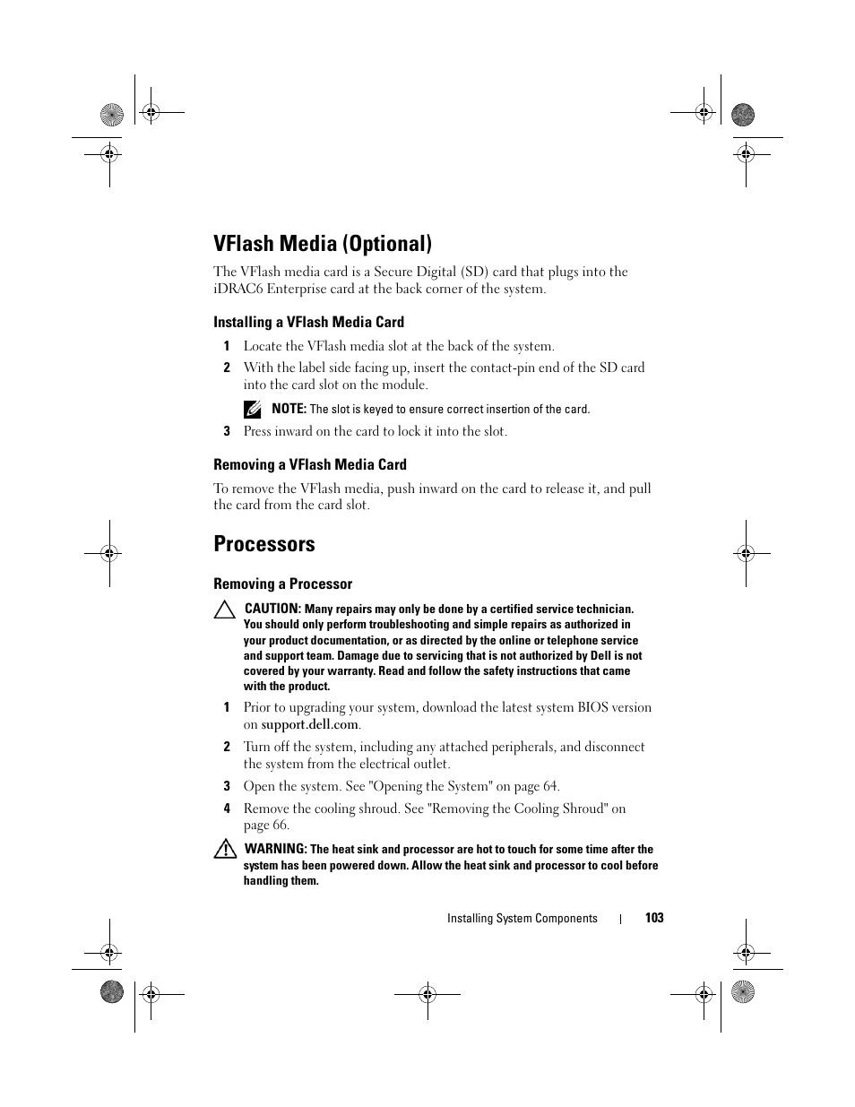 Vflash media (optional), Installing a vflash media card, Removing a vflash media card | Processors, Removing a processor | Dell PowerVault DL2200 User Manual | Page 103 / 164