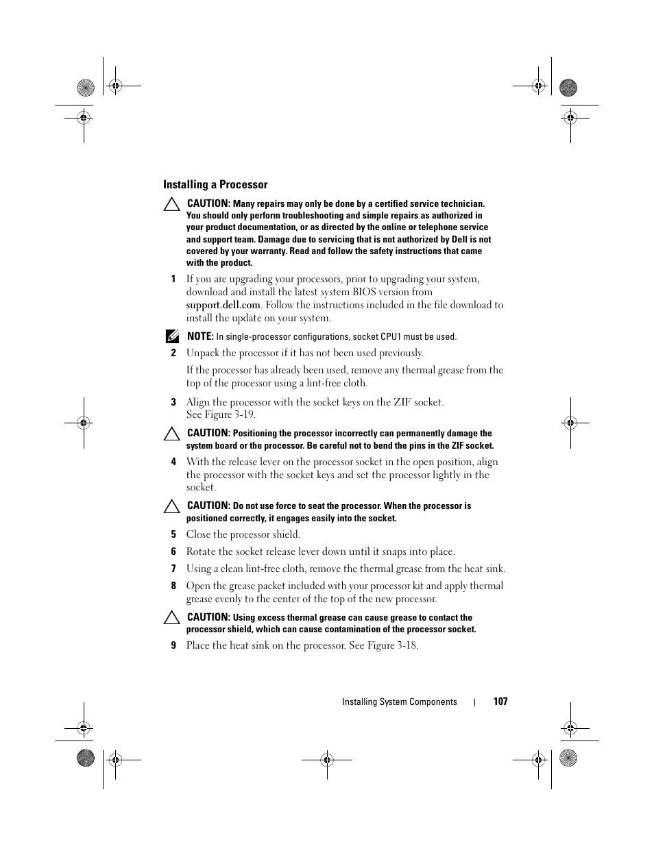 Installing a processor | Dell PowerVault DL2200 User Manual | Page 107 / 164