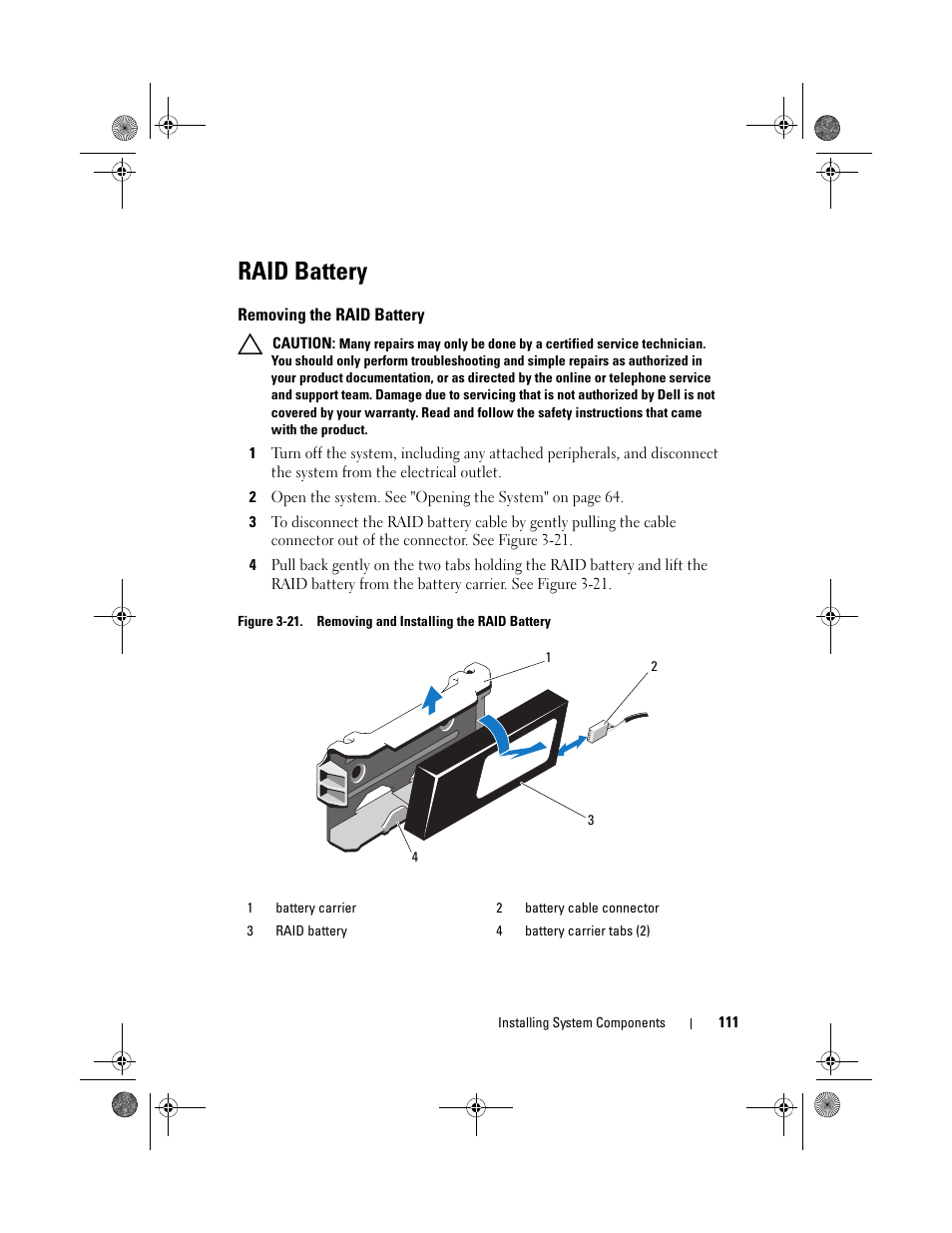 Raid battery, Removing the raid battery | Dell PowerVault DL2200 User Manual | Page 111 / 164