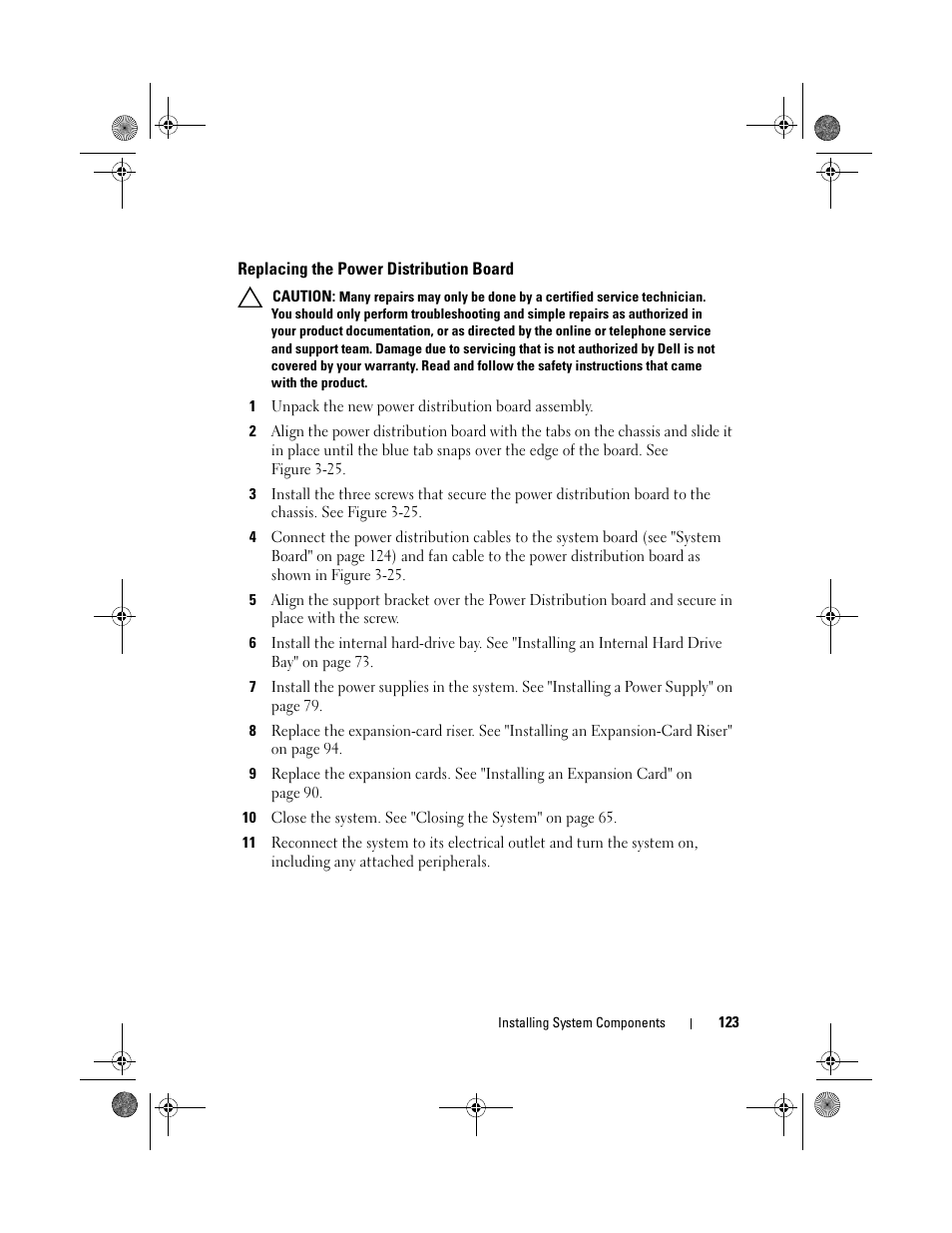 Replacing the power distribution board | Dell PowerVault DL2200 User Manual | Page 123 / 164