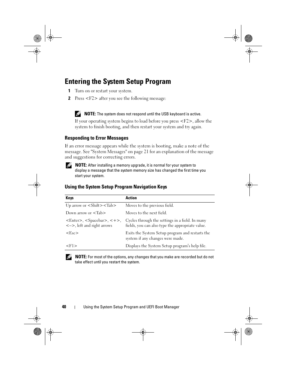 Entering the system setup program, Responding to error messages, Using the system setup program navigation keys | Dell PowerVault DL2200 User Manual | Page 40 / 164