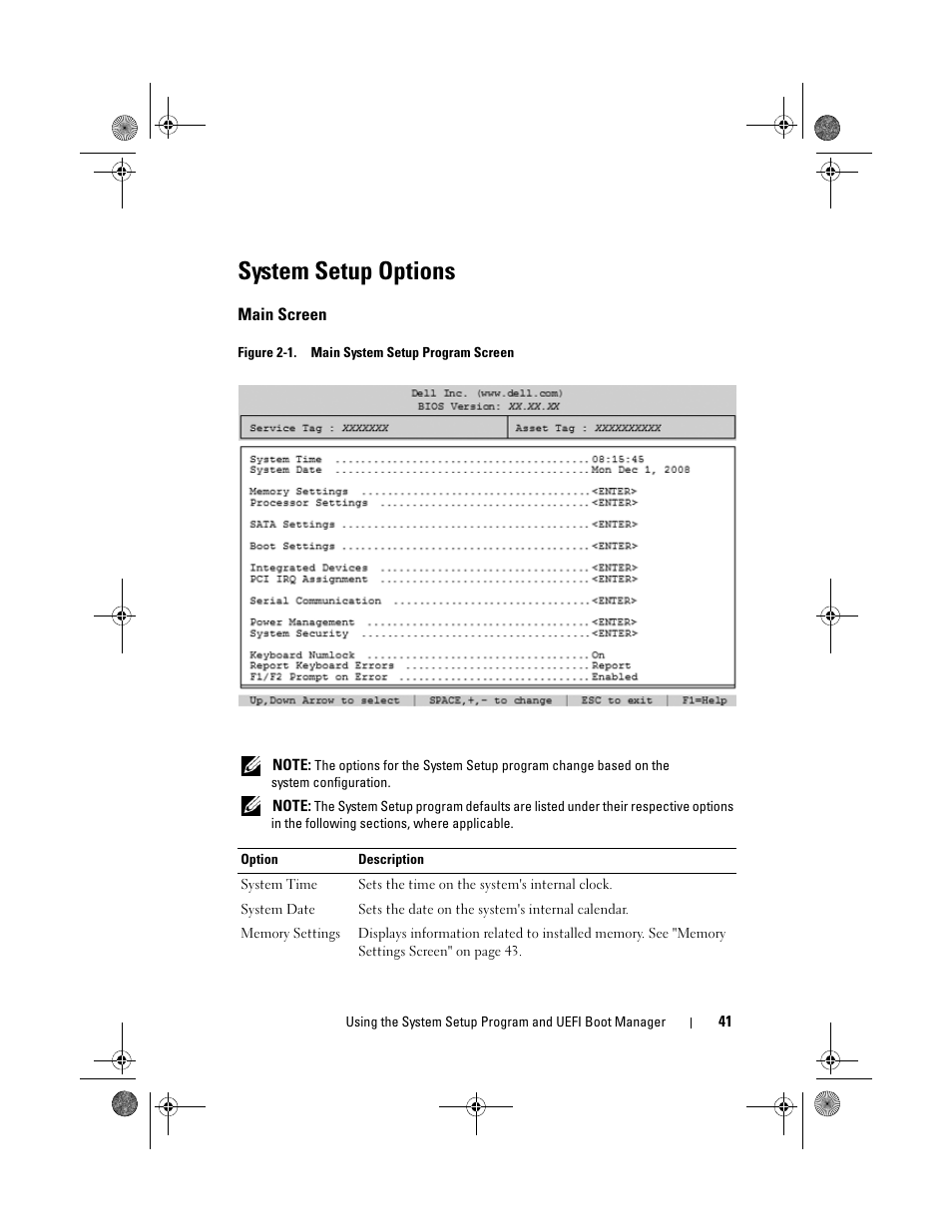 System setup options, Main screen | Dell PowerVault DL2200 User Manual | Page 41 / 164