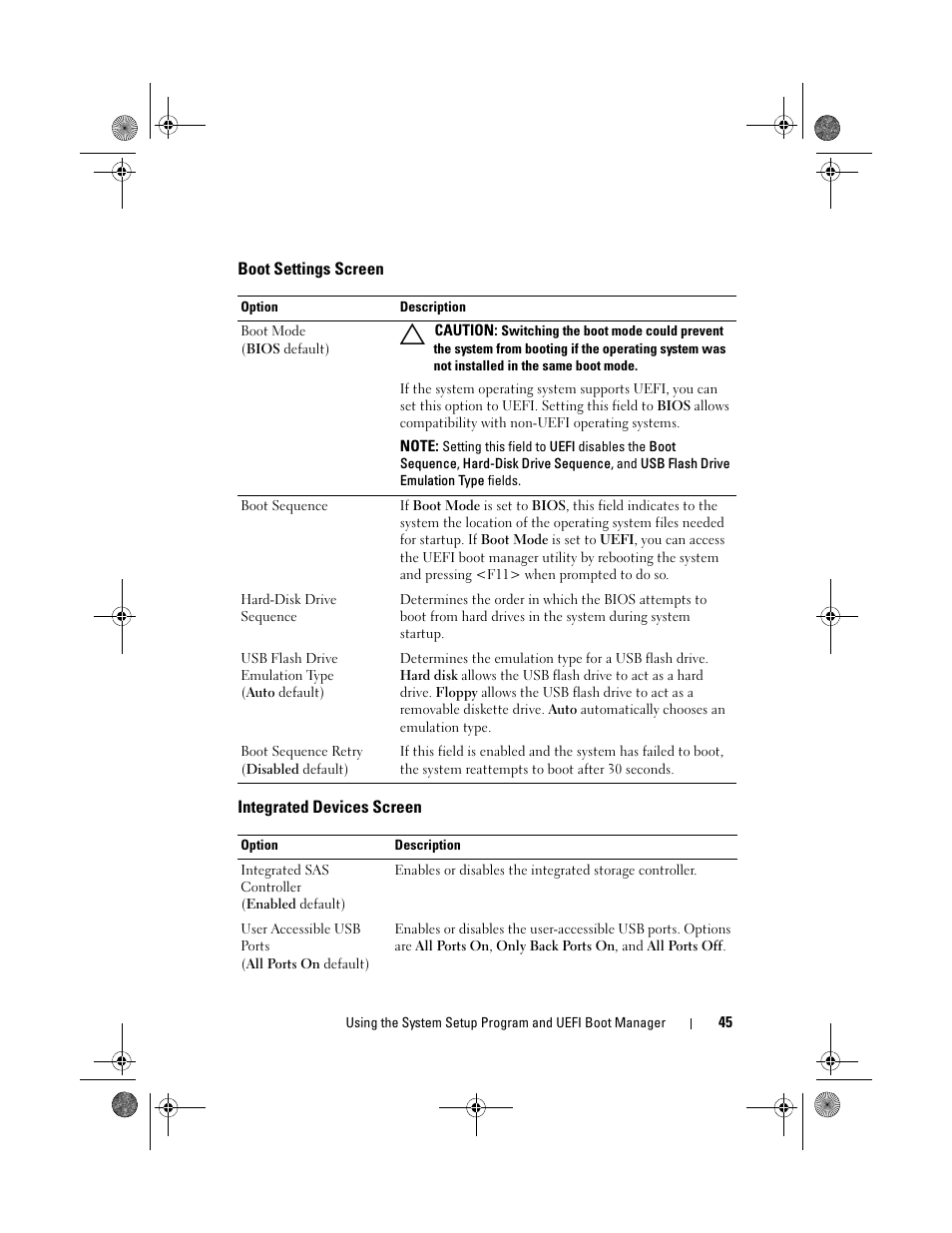 Boot settings screen, Integrated devices screen | Dell PowerVault DL2200 User Manual | Page 45 / 164