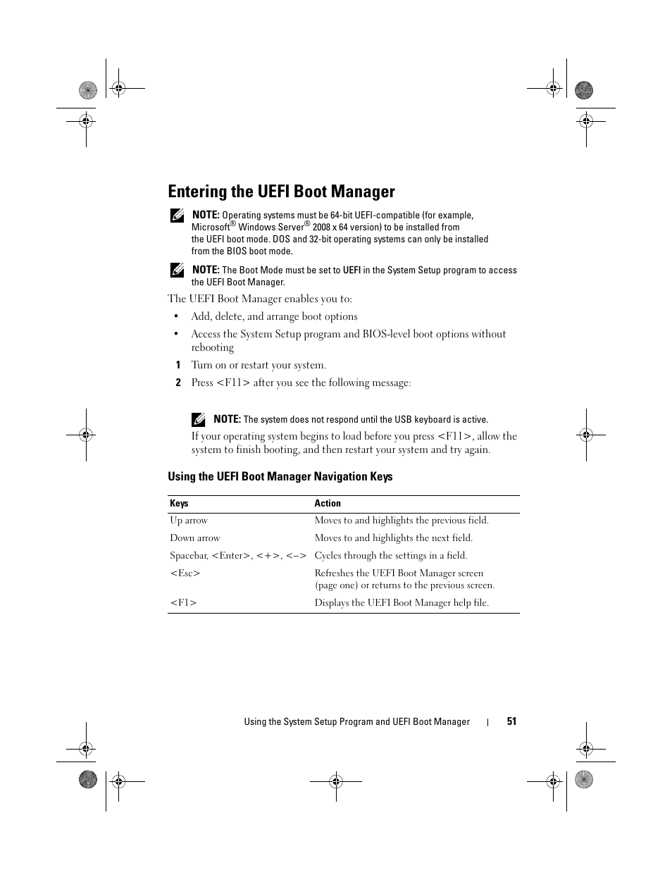 Entering the uefi boot manager, Using the uefi boot manager navigation keys | Dell PowerVault DL2200 User Manual | Page 51 / 164