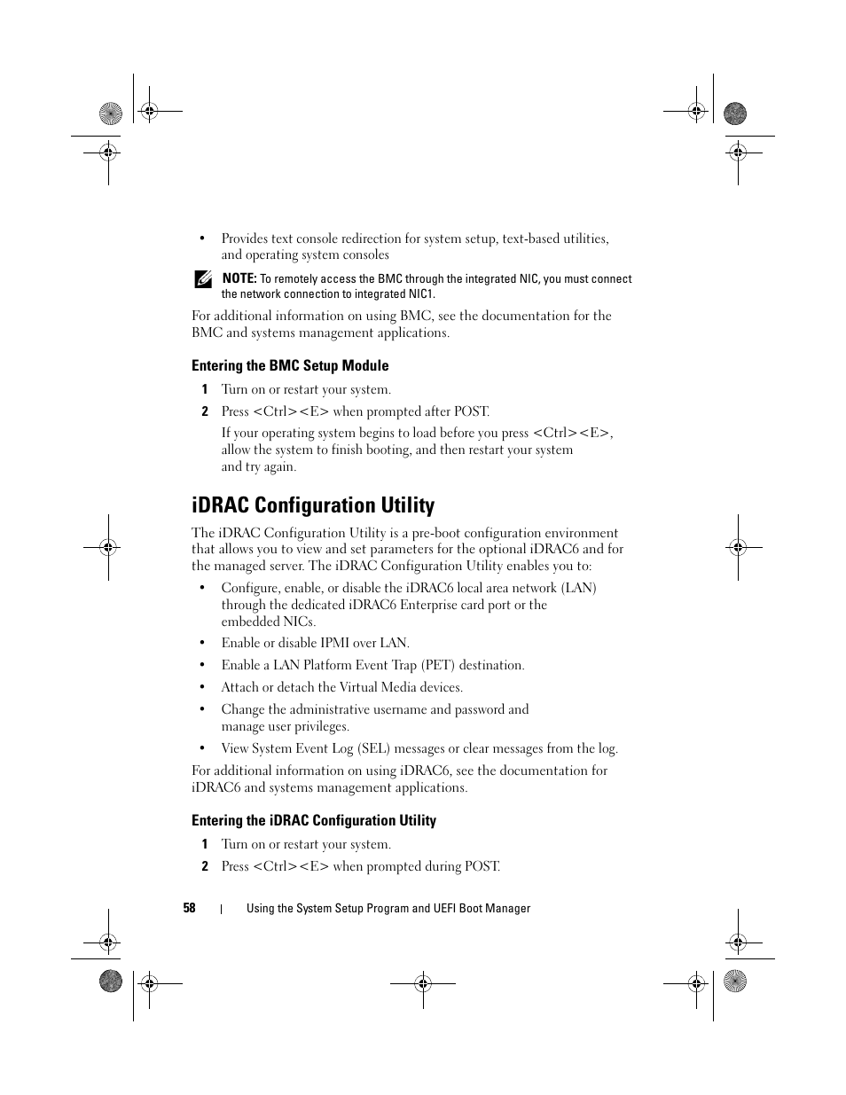 Entering the bmc setup module, Idrac configuration utility, Entering the idrac configuration utility | Dell PowerVault DL2200 User Manual | Page 58 / 164