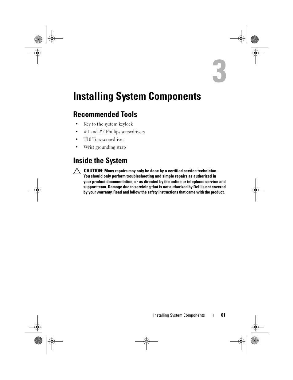 Installing system components, Recommended tools, Inside the system | Dell PowerVault DL2200 User Manual | Page 61 / 164
