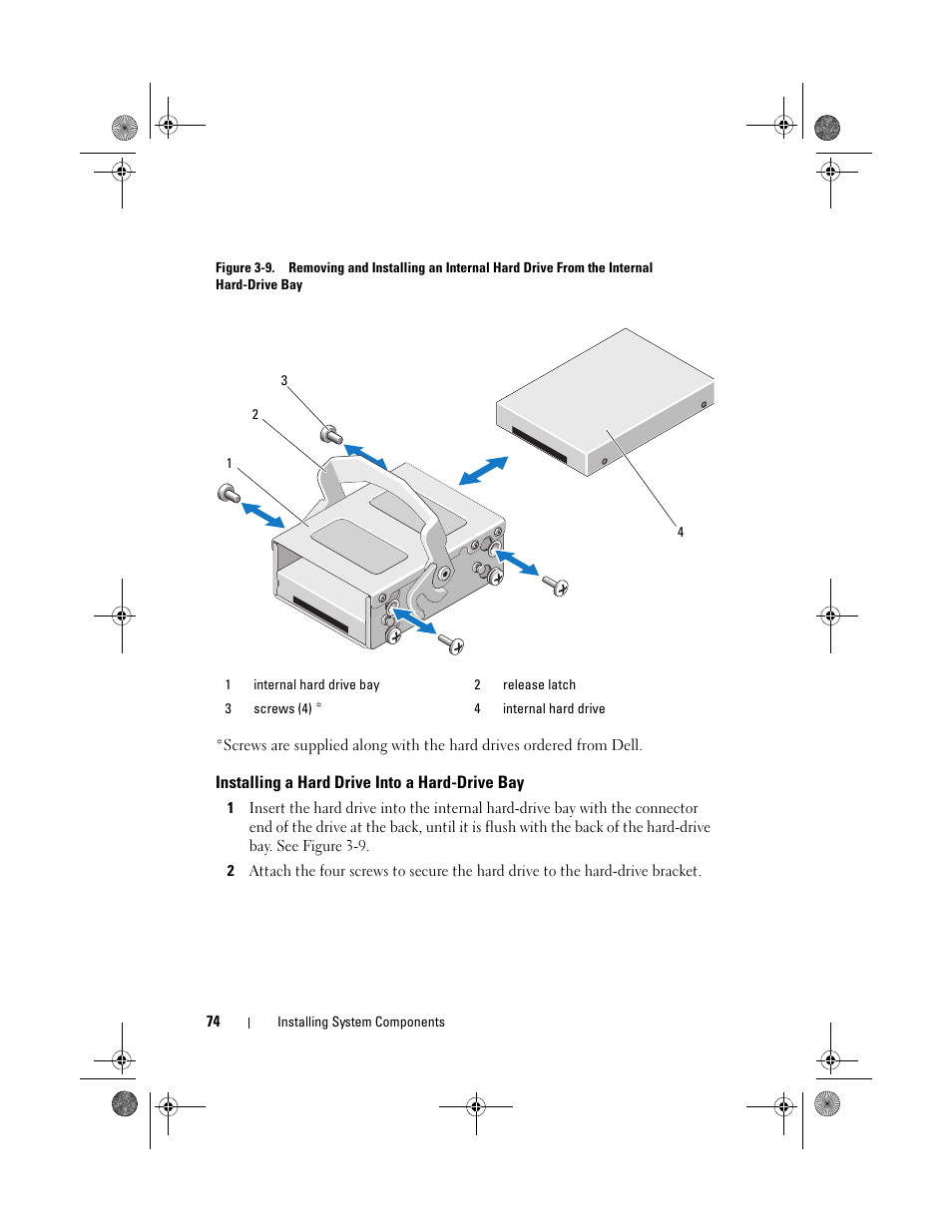 Installing a hard drive into a hard-drive bay | Dell PowerVault DL2200 User Manual | Page 74 / 164