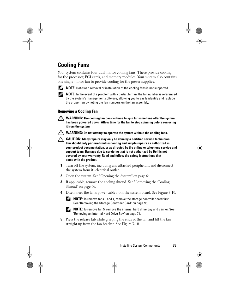 Cooling fans, Removing a cooling fan | Dell PowerVault DL2200 User Manual | Page 75 / 164