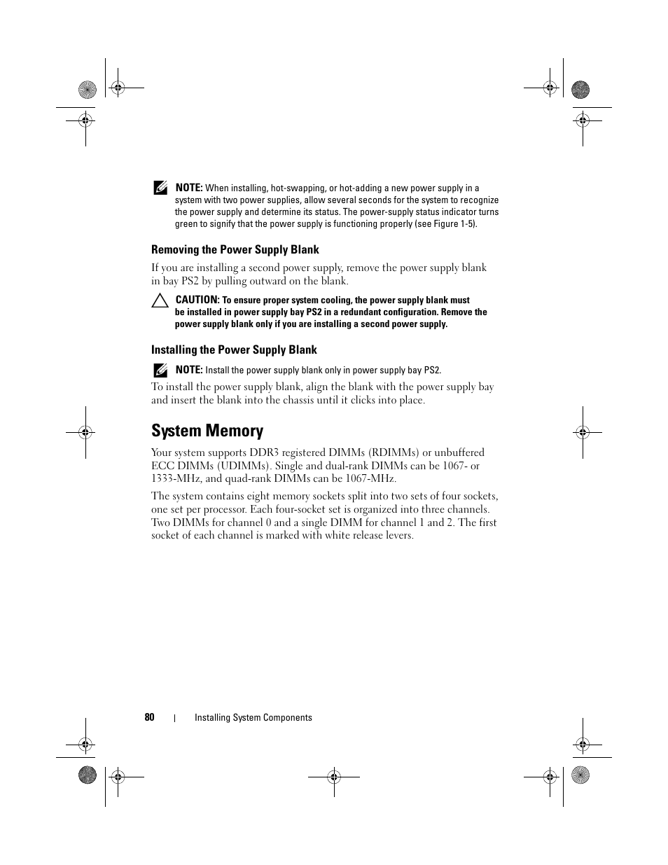 Removing the power supply blank, Installing the power supply blank, System memory | Dell PowerVault DL2200 User Manual | Page 80 / 164