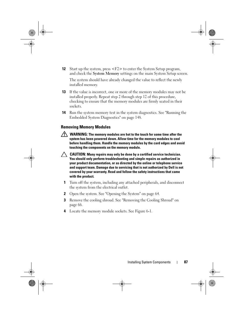Removing memory modules | Dell PowerVault DL2200 User Manual | Page 87 / 164
